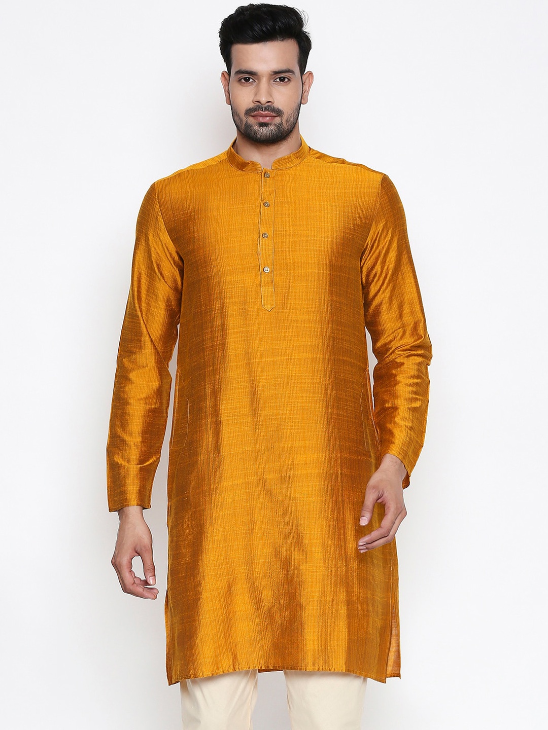 

indus route by Pantaloons Men Mustard Yellow Striped Straight Kurta