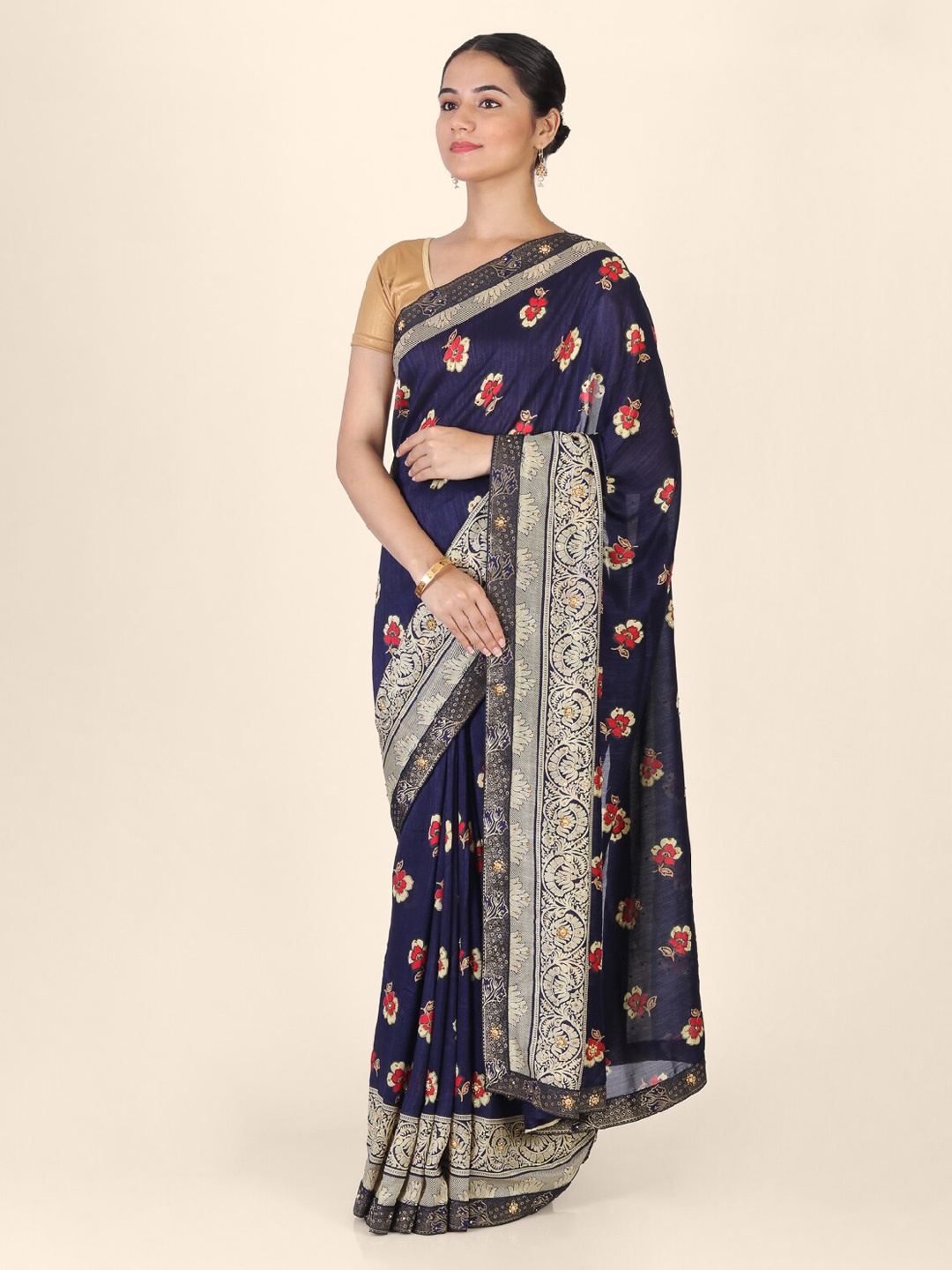 CLAI WORLD Navy Blue Printed Handloom Cotton Blend Saree