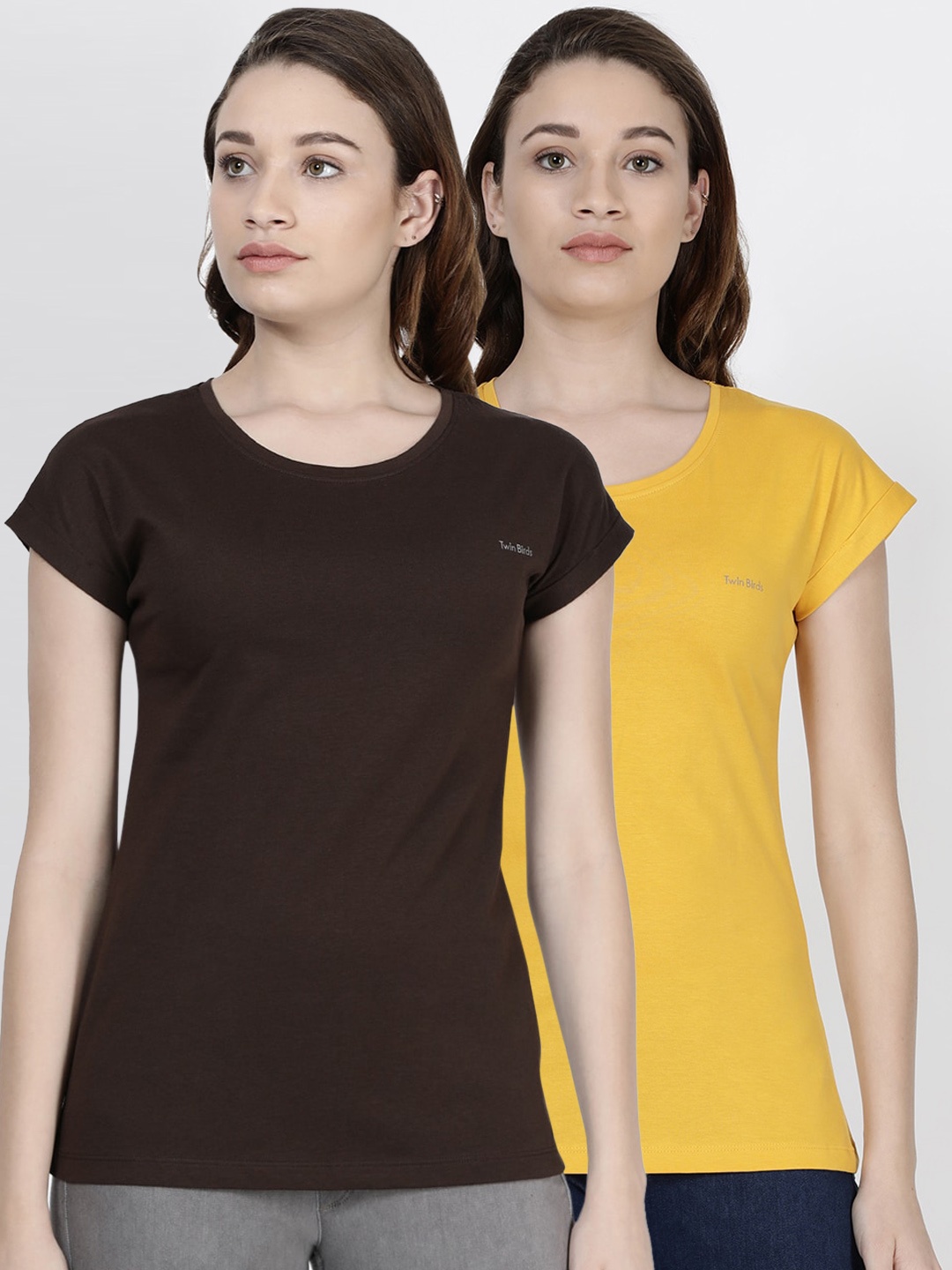 

TWIN BIRDS Women Set Of 2 Solid Round Neck Pure Cotton T-shirt, Brown