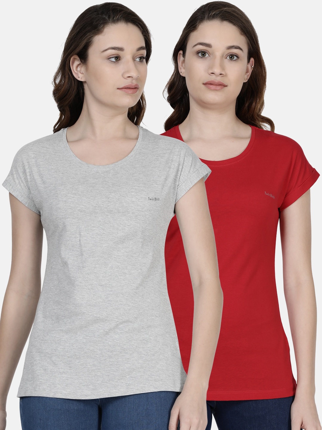 

TWIN BIRDS Women Pack Of 2 Solid Round-Neck Relaxed-Fit Pure Cotton T-shirts, Red