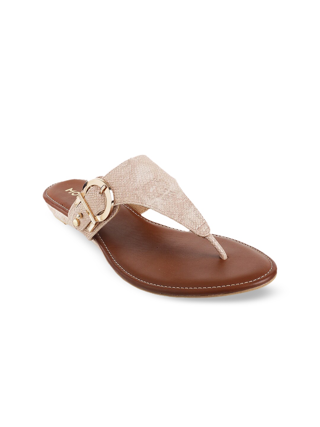 

Mochi Women Nude-Coloured Textured T-Strap Flats with Buckles
