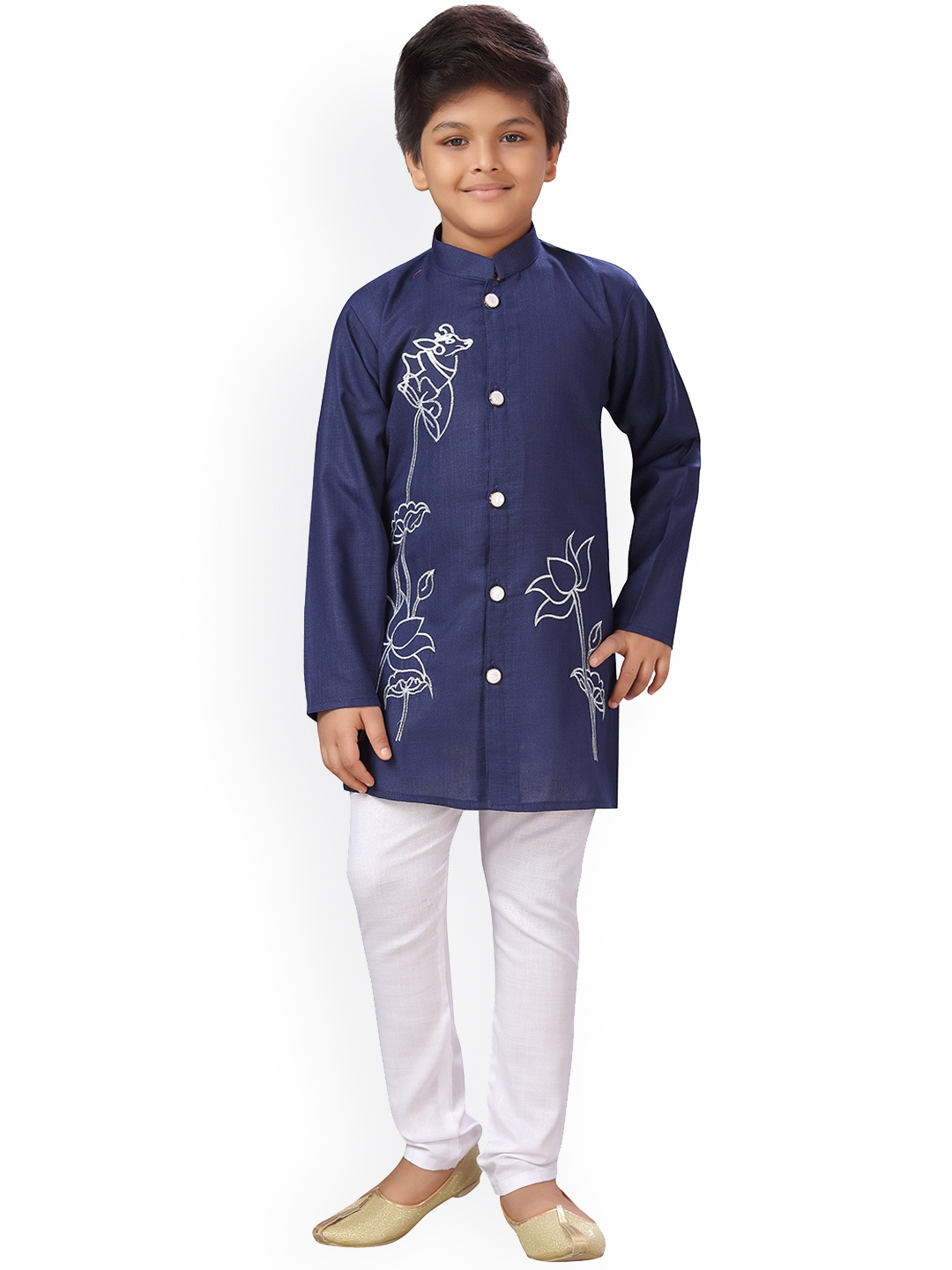 

ahhaaaa Boys Navy Blue & White Embroidered Sherwani Set