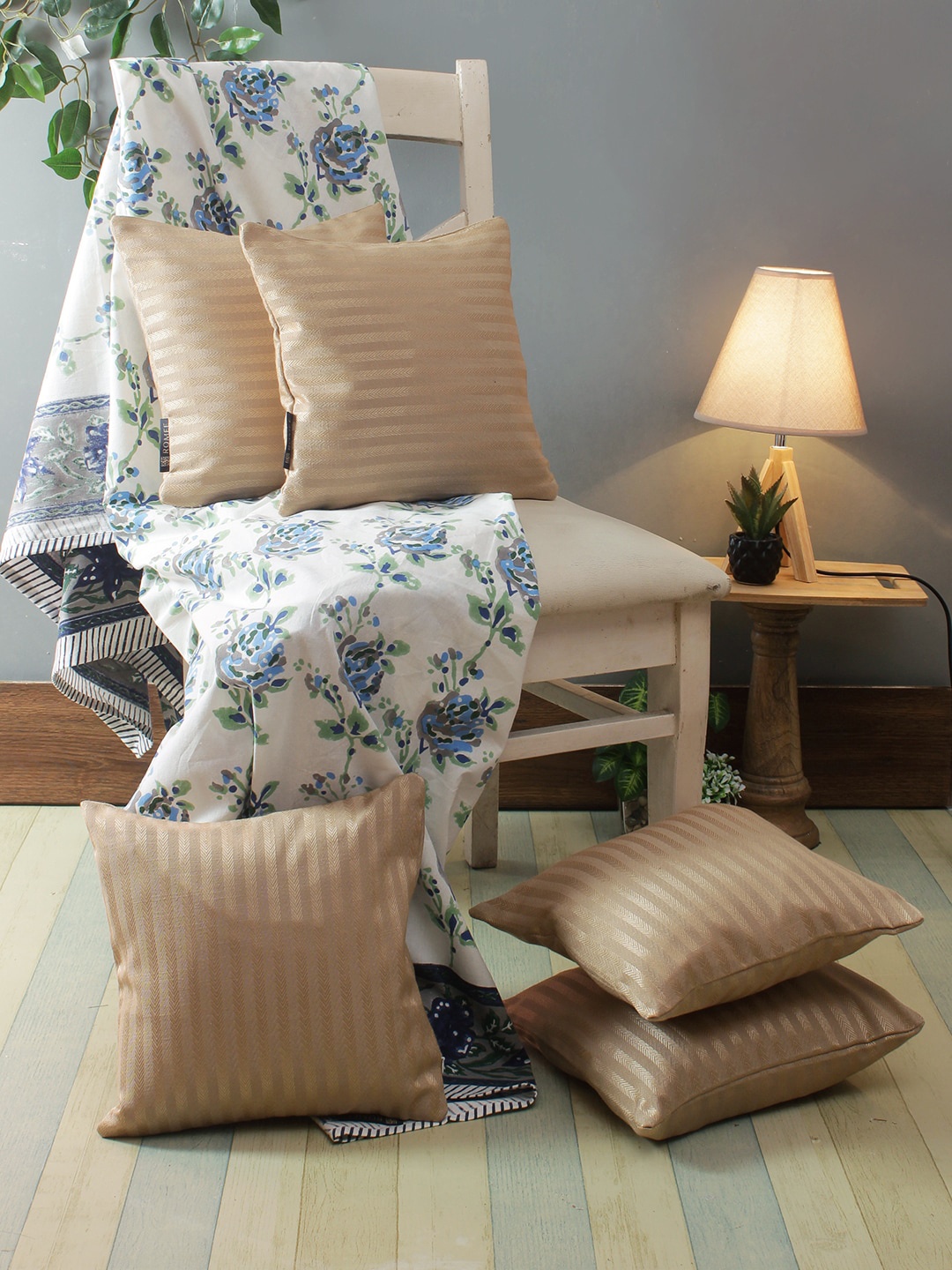 

ROMEE Beige Set of 5 Striped Square Cushion Covers