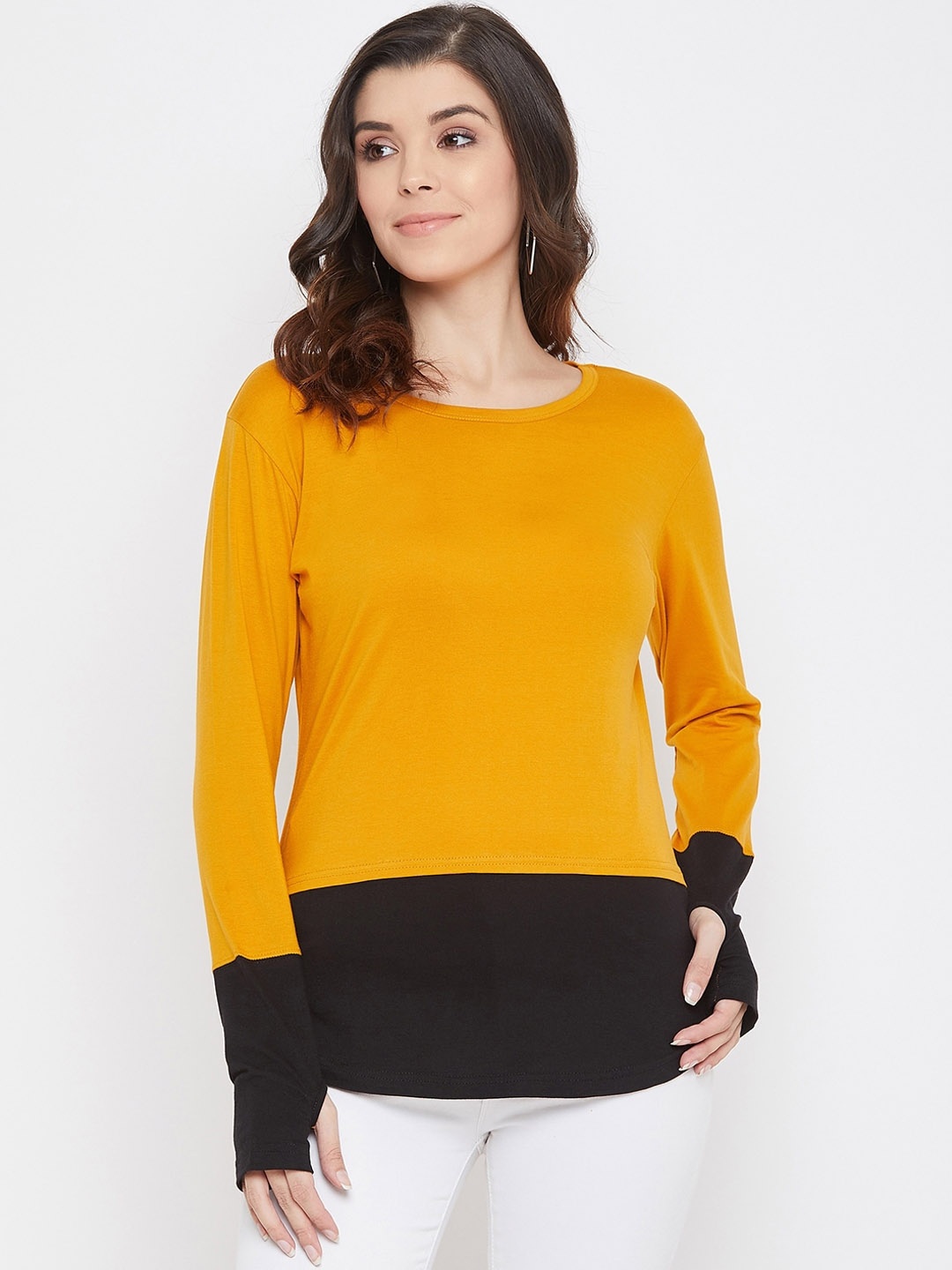

Hypernation Women Yellow Black Colourblocked Round Neck Pure Cotton T-shirt