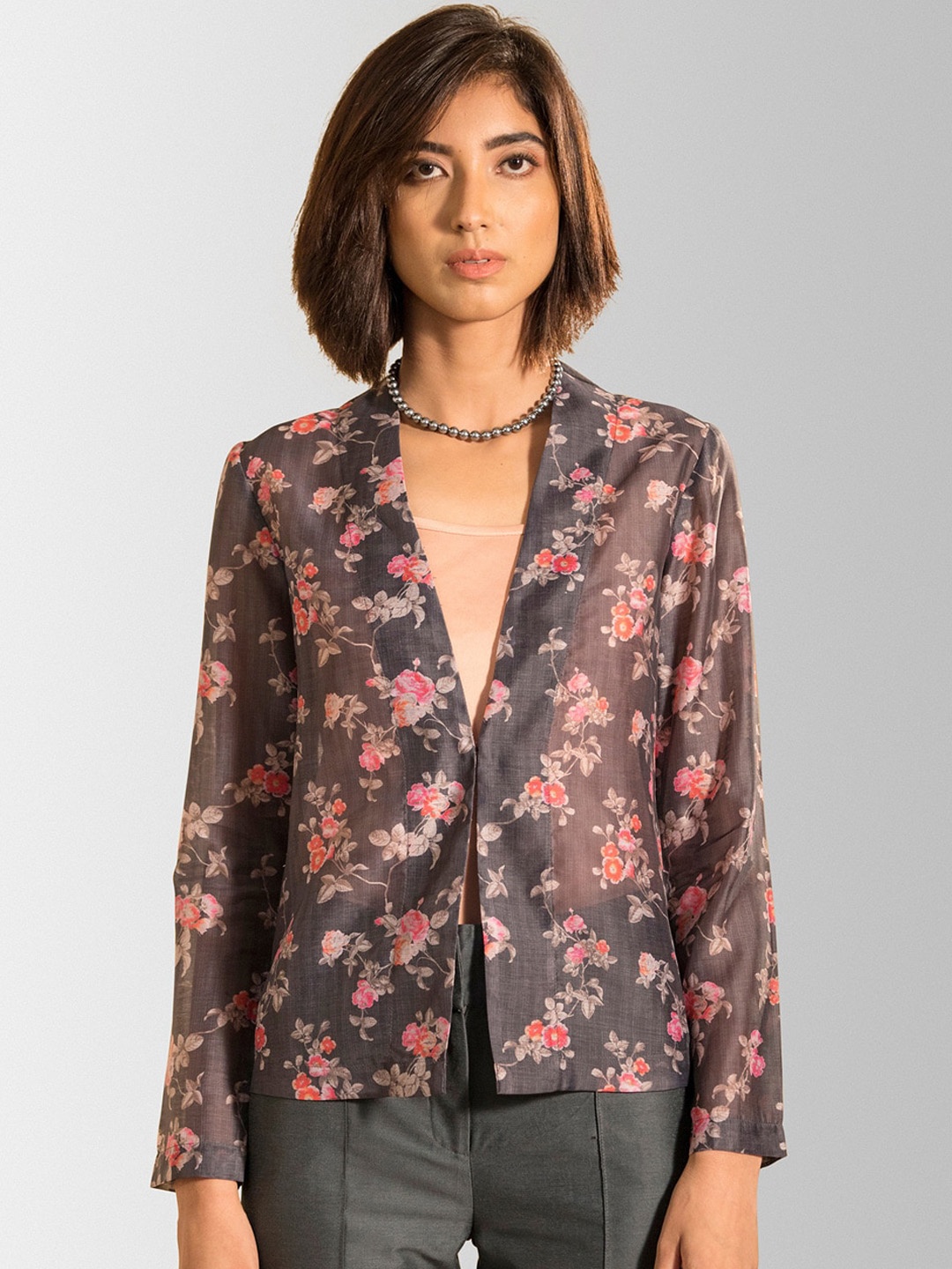 FableStreet Women Grey & Pink Floral Printed Lightweight Tailored Jacket