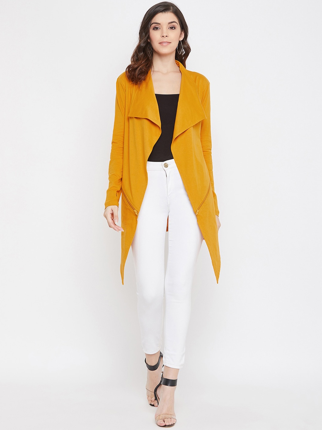 

Hypernation Women Mustard Yellow Solid Waterfall Shrug