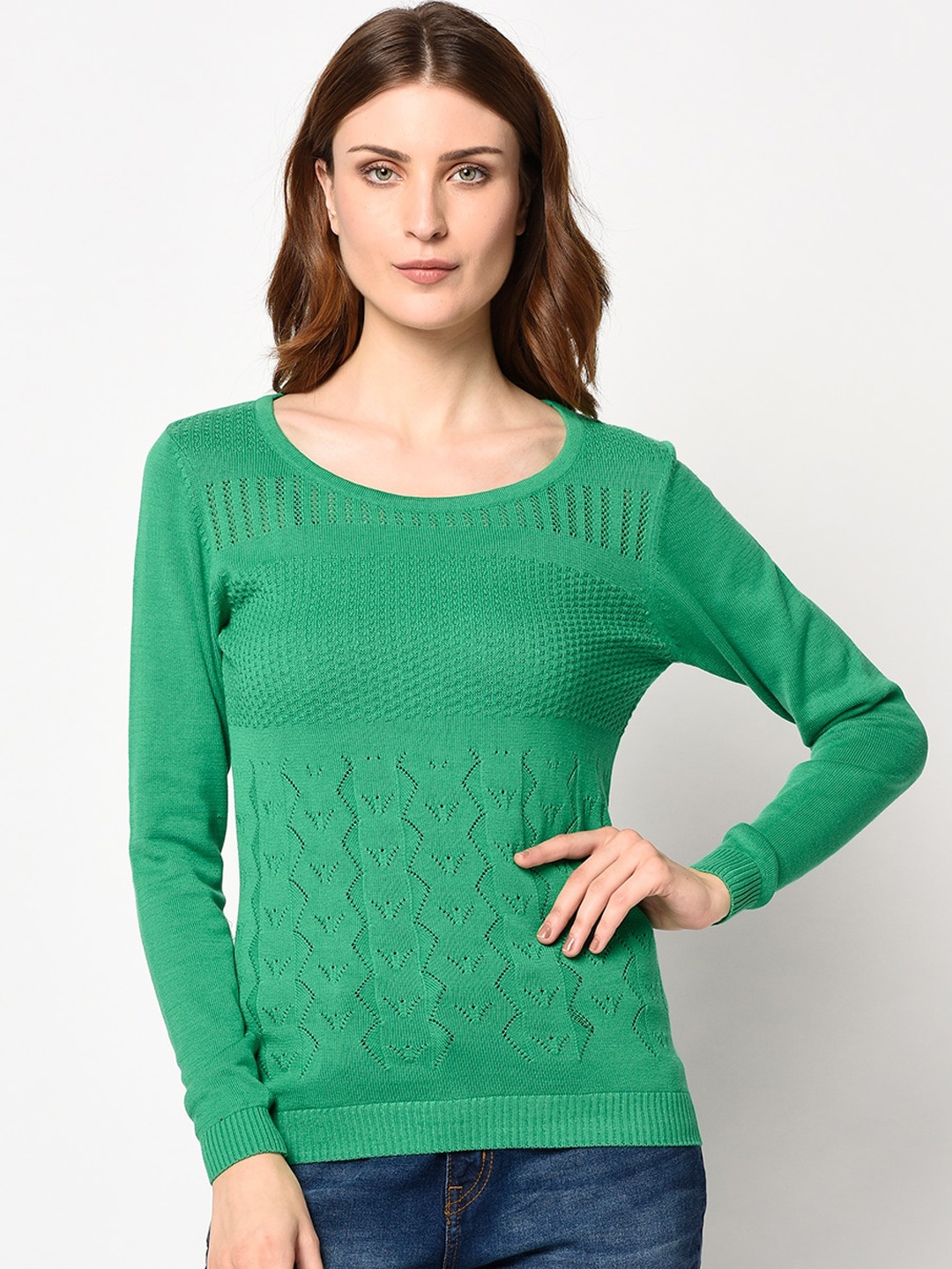 

98 Degree North Women Green Self Design Pullover Sweater