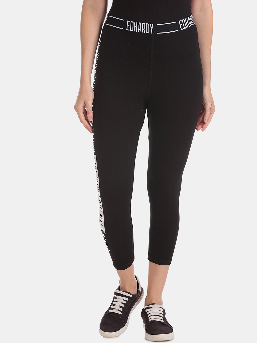 

Ed Hardy Women Black Solid Three-Fourth Length Tights