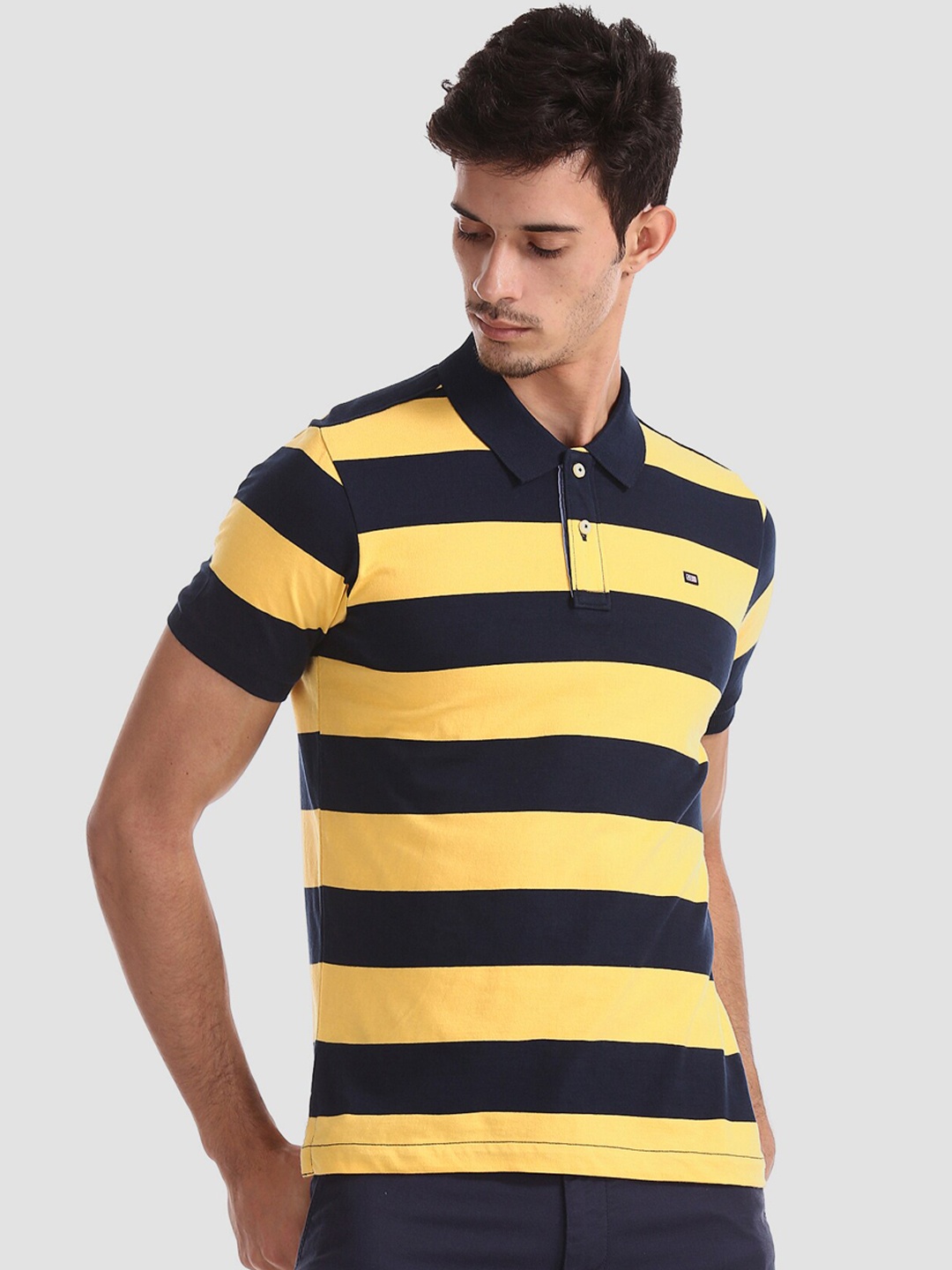 

Arrow Sport Men Yellow Navy Blue Striped Polo Collar Pure Cotton T-shirt