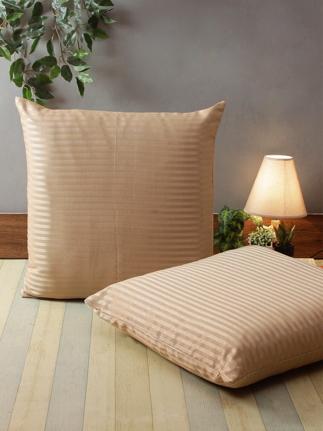 

ROMEE Beige Set of 2 Striped Square Cushion Covers