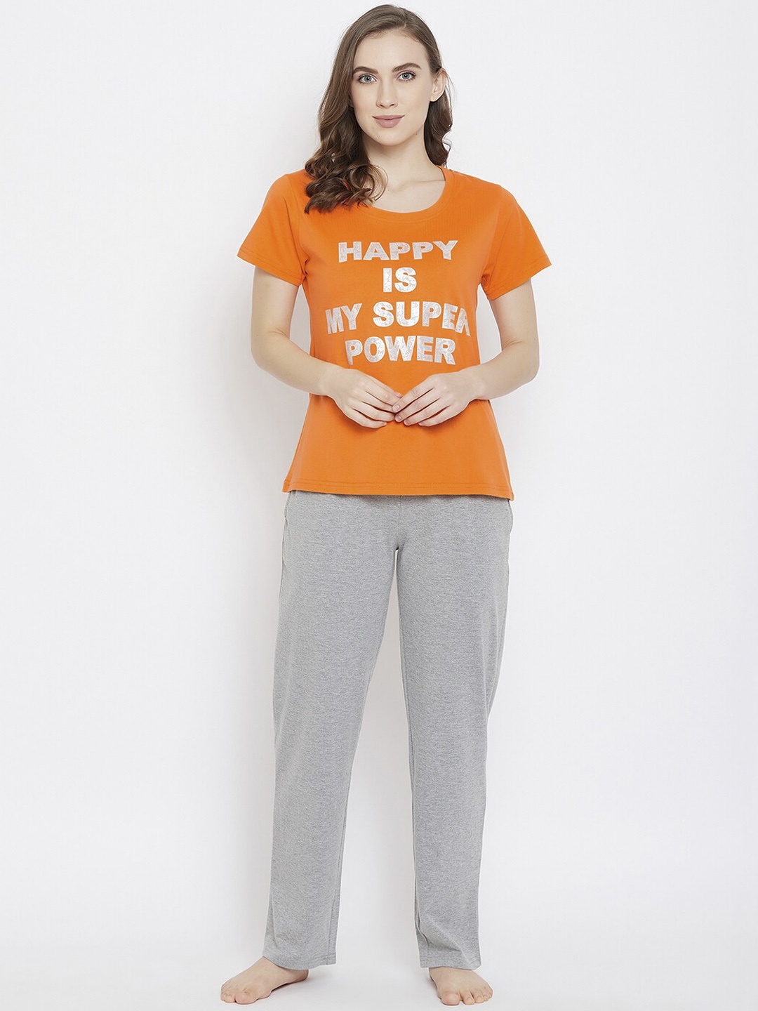 

Clovia Orange & Grey Melangey Typography Printed Pure Cotton T-shirt & Pyjamas