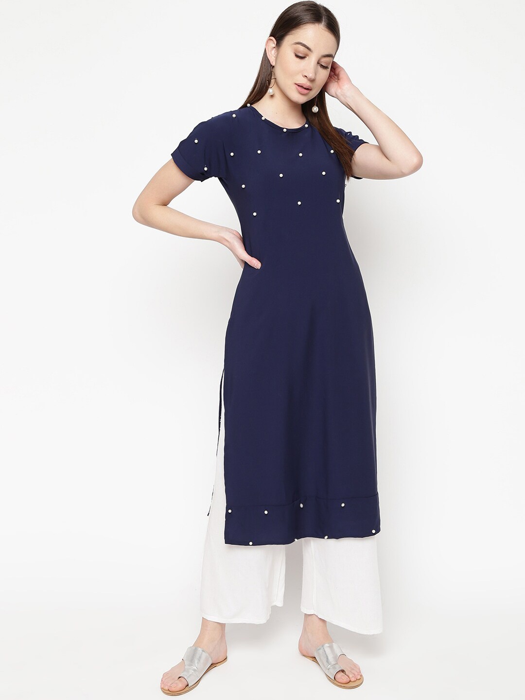

Napra Women Blue & White Solid Kurta with Trousers