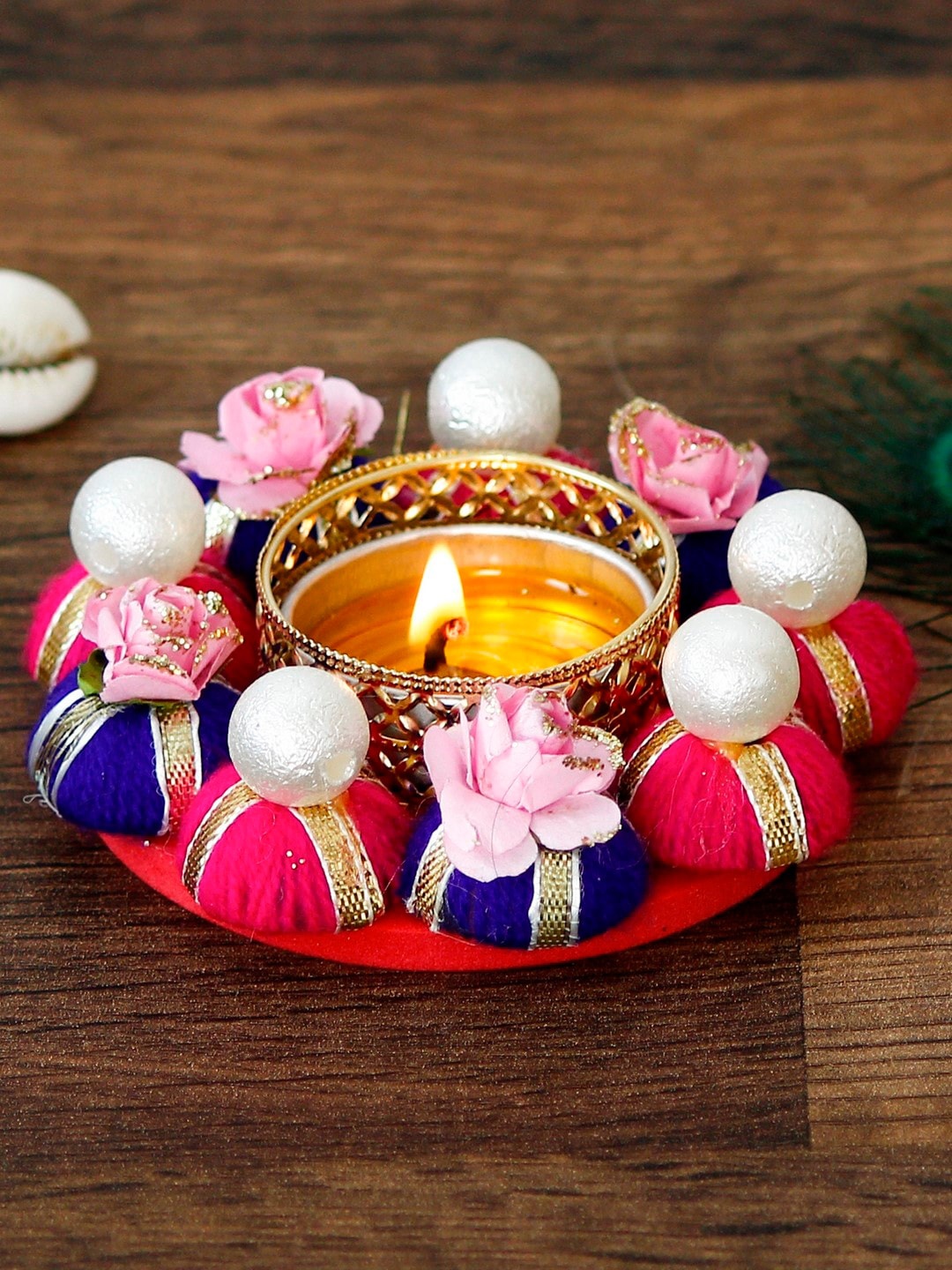 

eCraftIndia Pink & Blue Handcrafted Gota Patti Tea Light Candle Holder