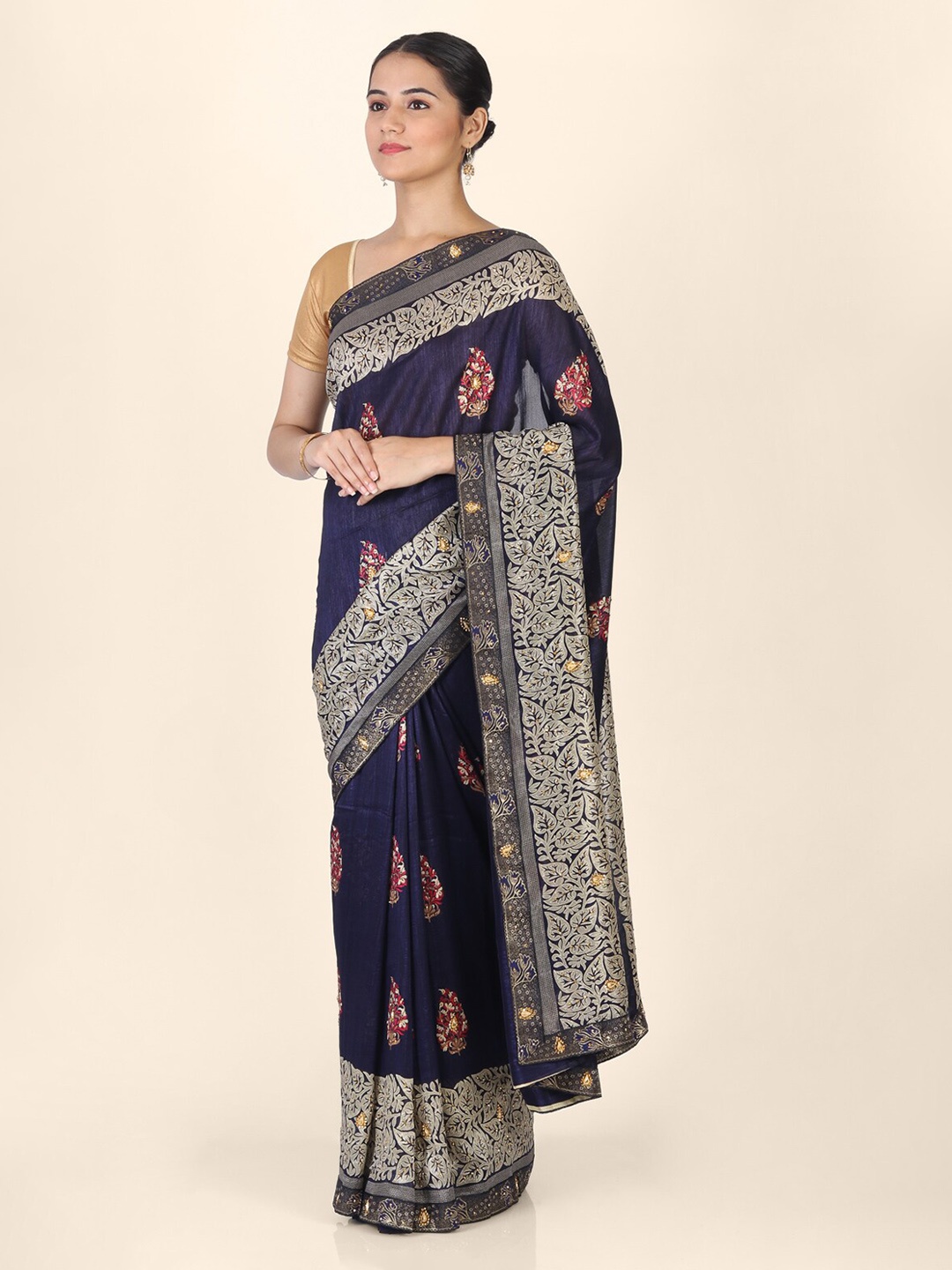 CLAI WORLD Navy Blue Printed Cotton Blend Handloom Saree
