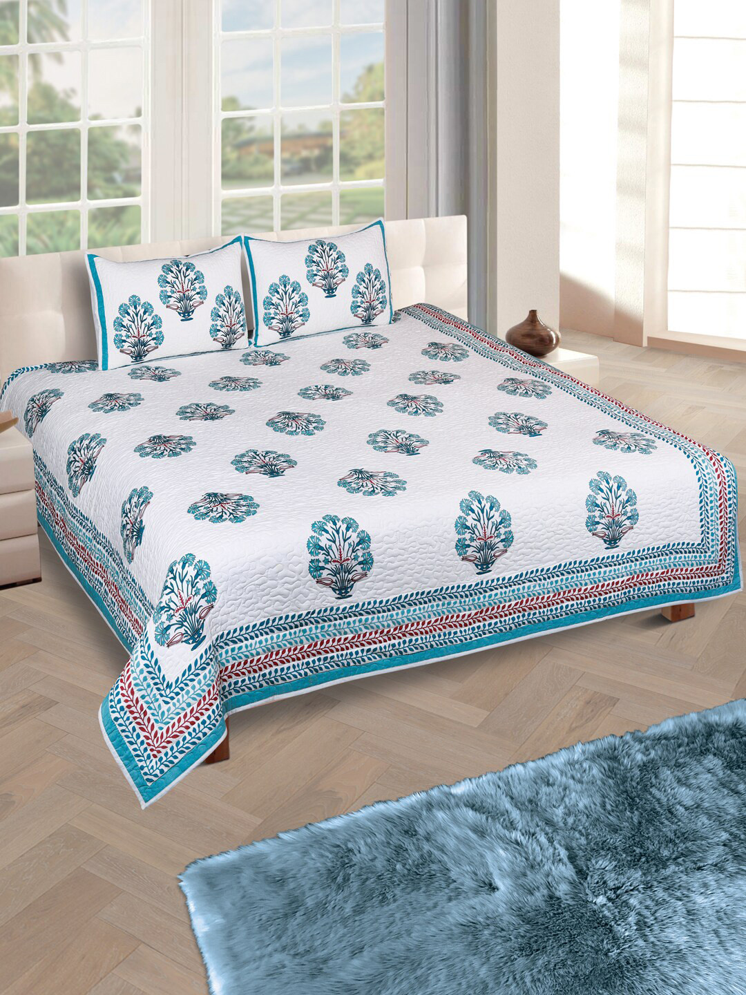 

ROMEE White & Blue Floral Print Quilted Double Bed Cover with 2 Pillow Covers