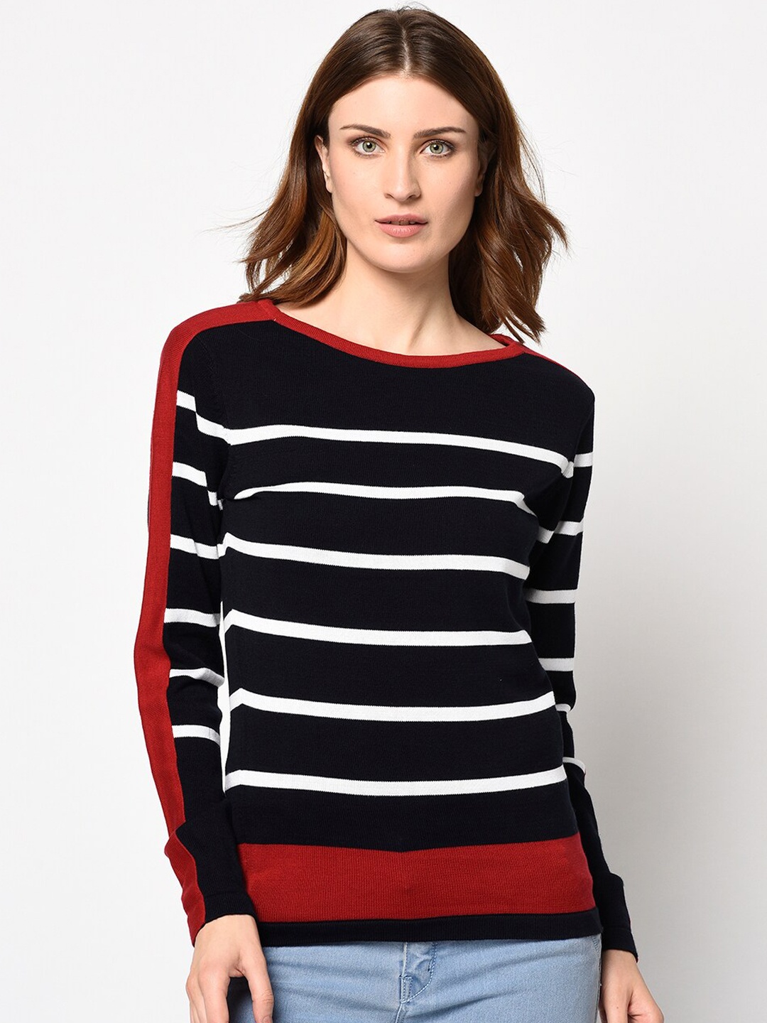 

98 Degree North Women Navy Blue Striped Pullover Sweater