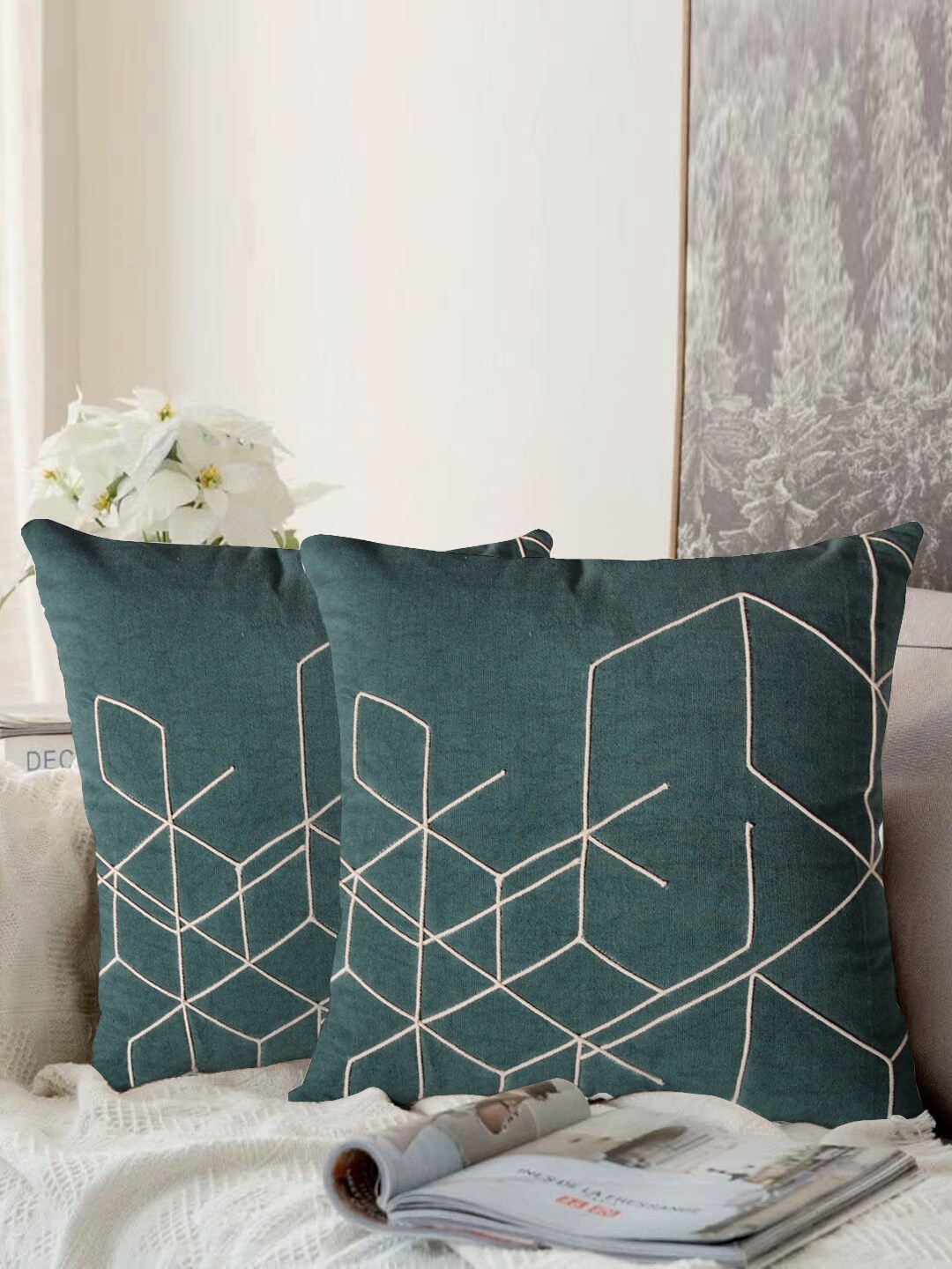 aRDENMEAD Green Set of 2 Embroidered Square Cushion Covers