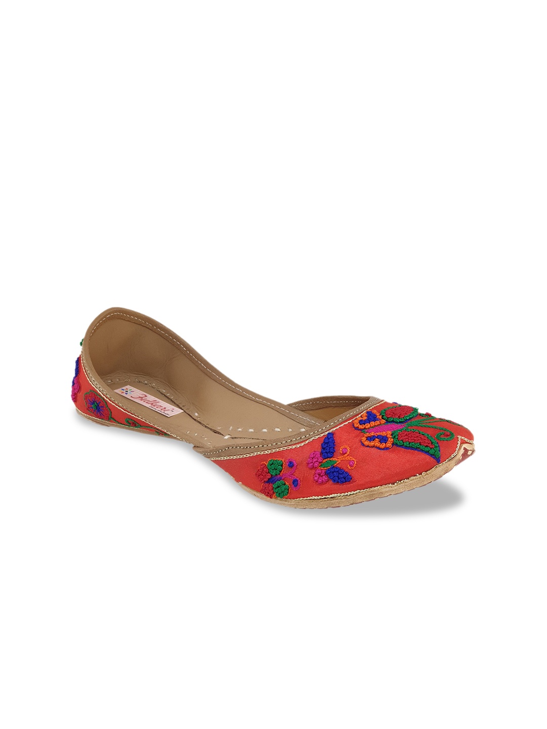 

Fulkari Women Red Embellished Leather Mojaris