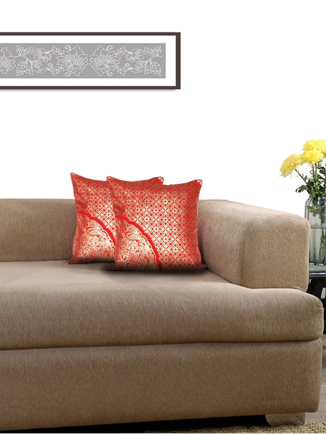 

Lushomes Red & Gold Set of 2 Jacquard Square Cushion Covers