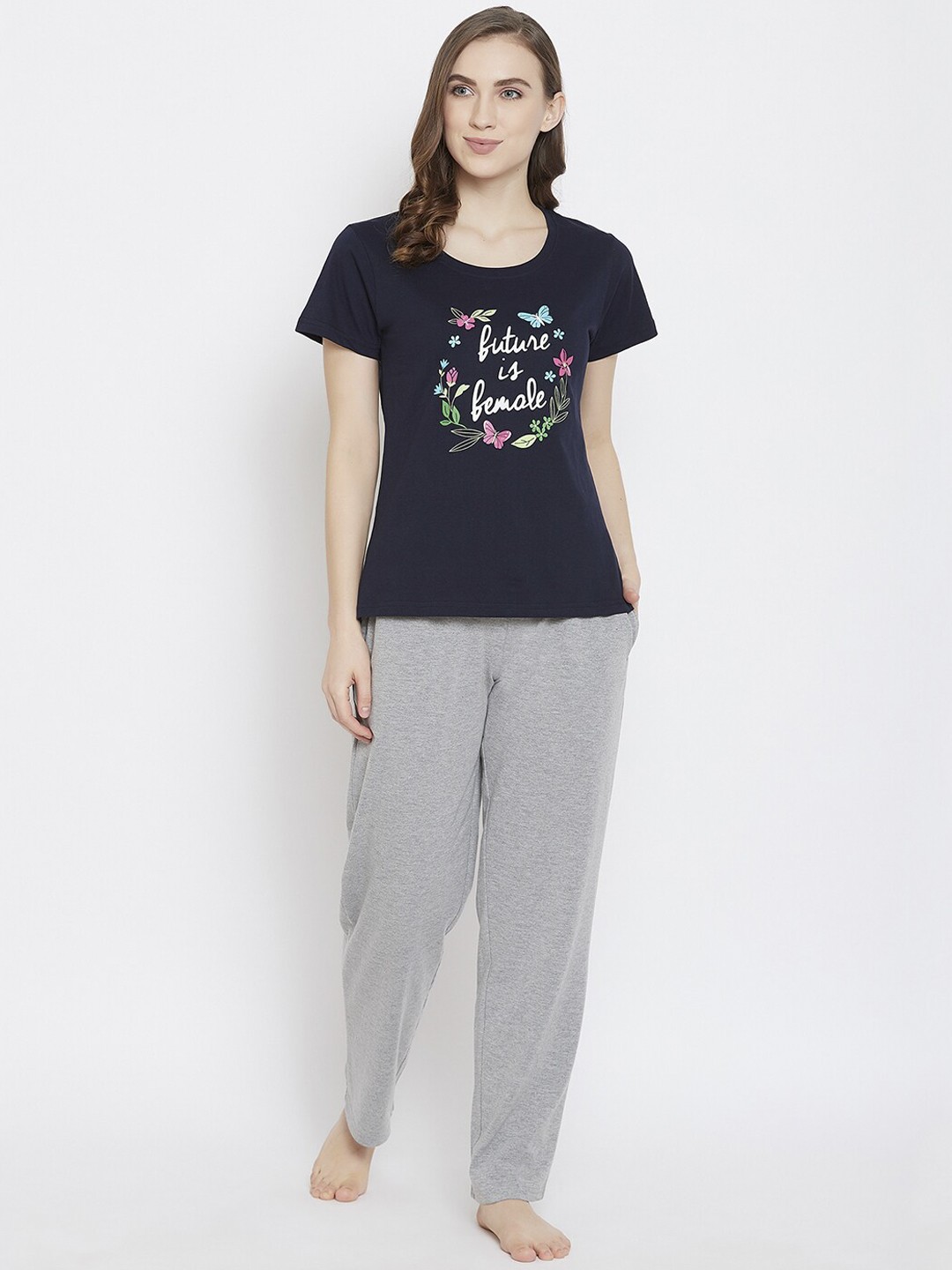 

Clovia Women Navy Blue & Grey Printed Night Suit