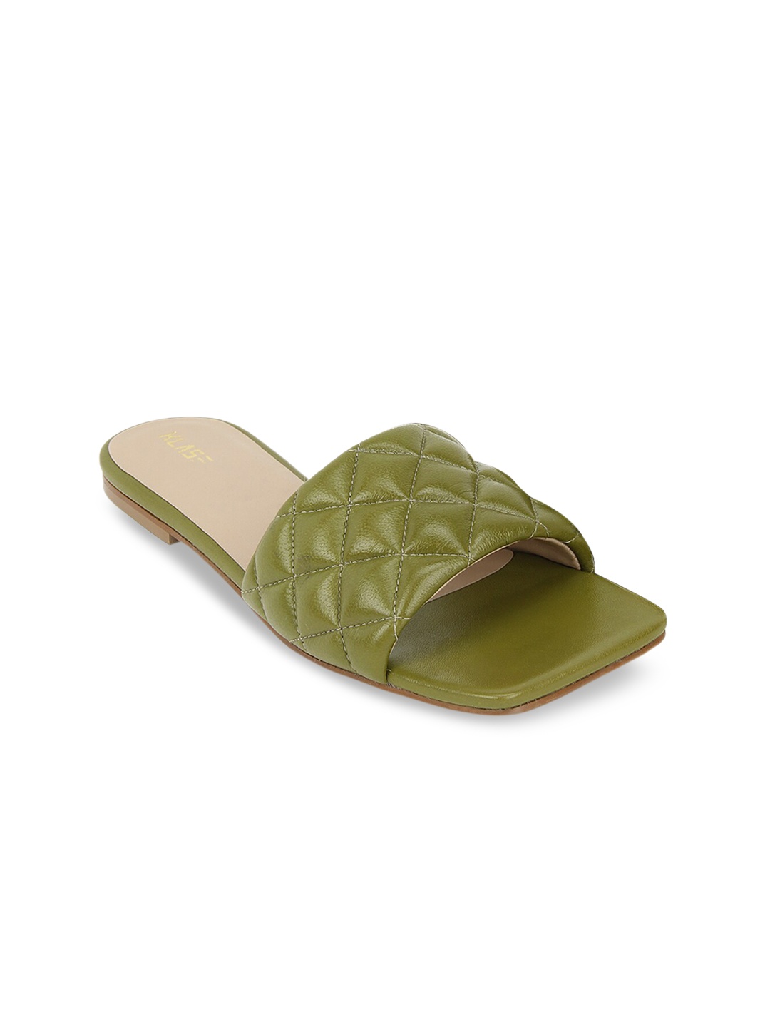 KLASE Women Olive Green Embellished Leather Open Toe Flats