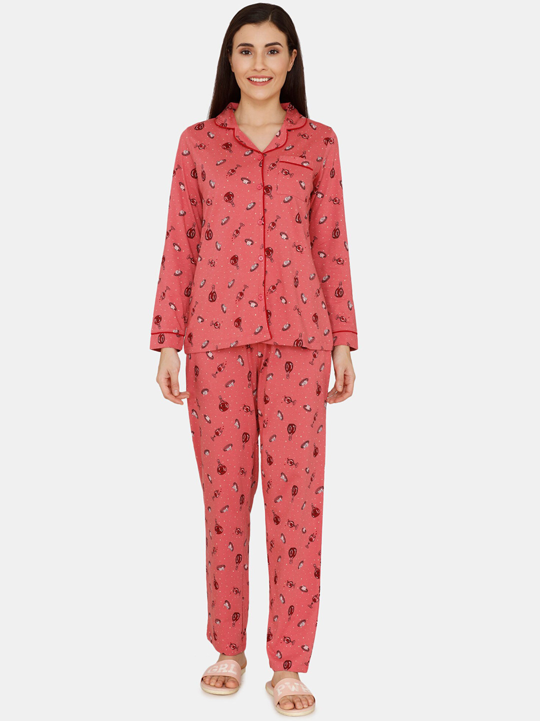 

Zivame Women Pink Printed Night Suit