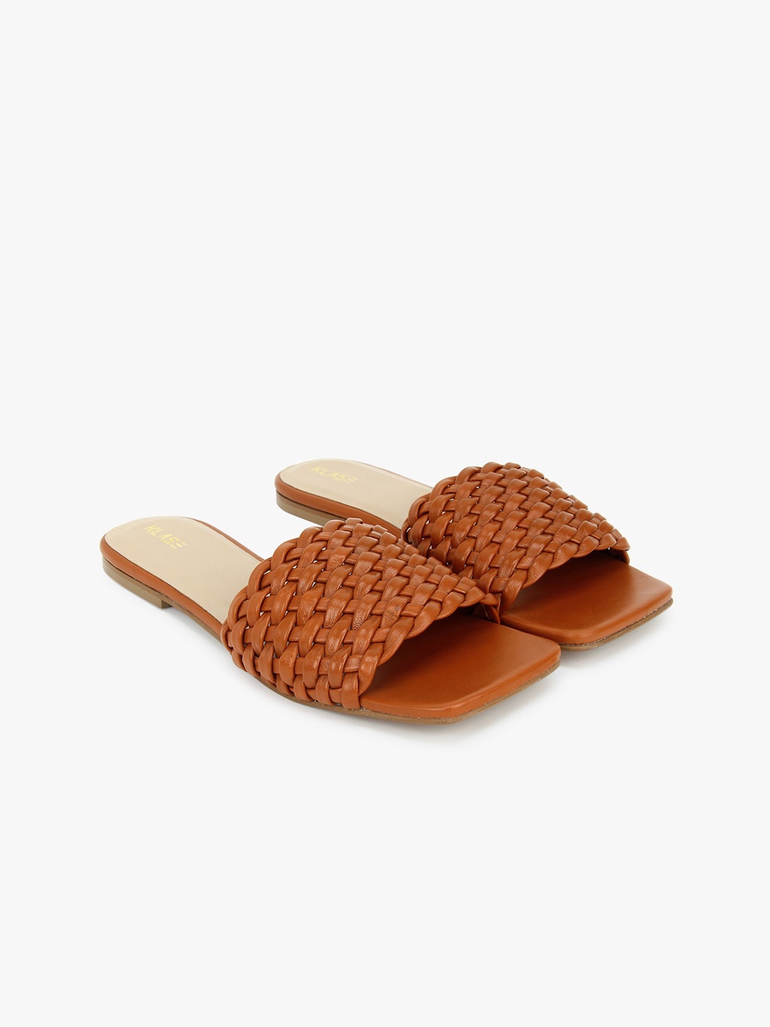

KLASE Women Tan Brown Embellished Leather Open Toe Flats