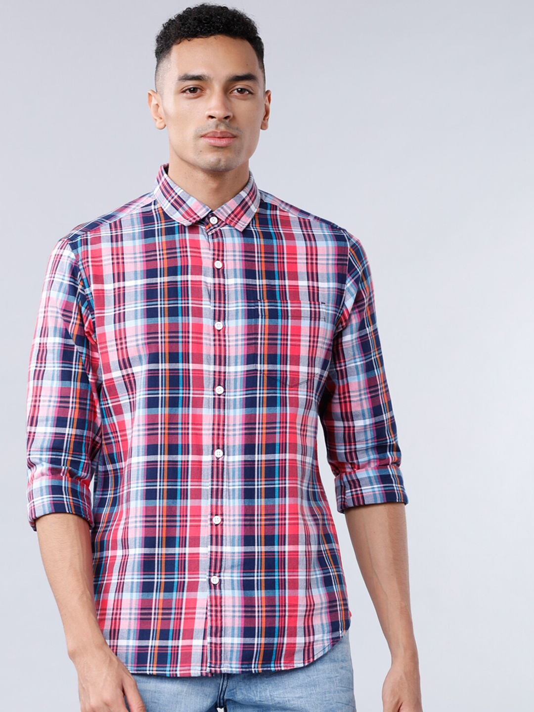 HIGHLANDER Men Pink & Navy Blue Slim Fit Checked Casual Shirt