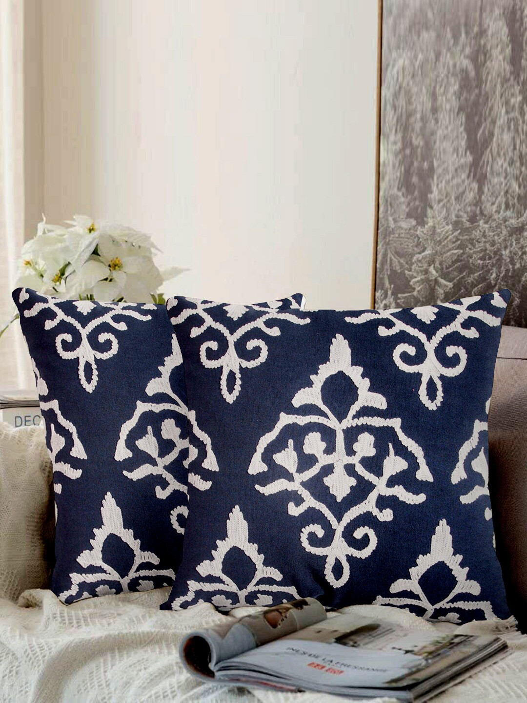 

aRDENMEAD Navy Blue White Set of 2 Embroidered Square Cushion Covers