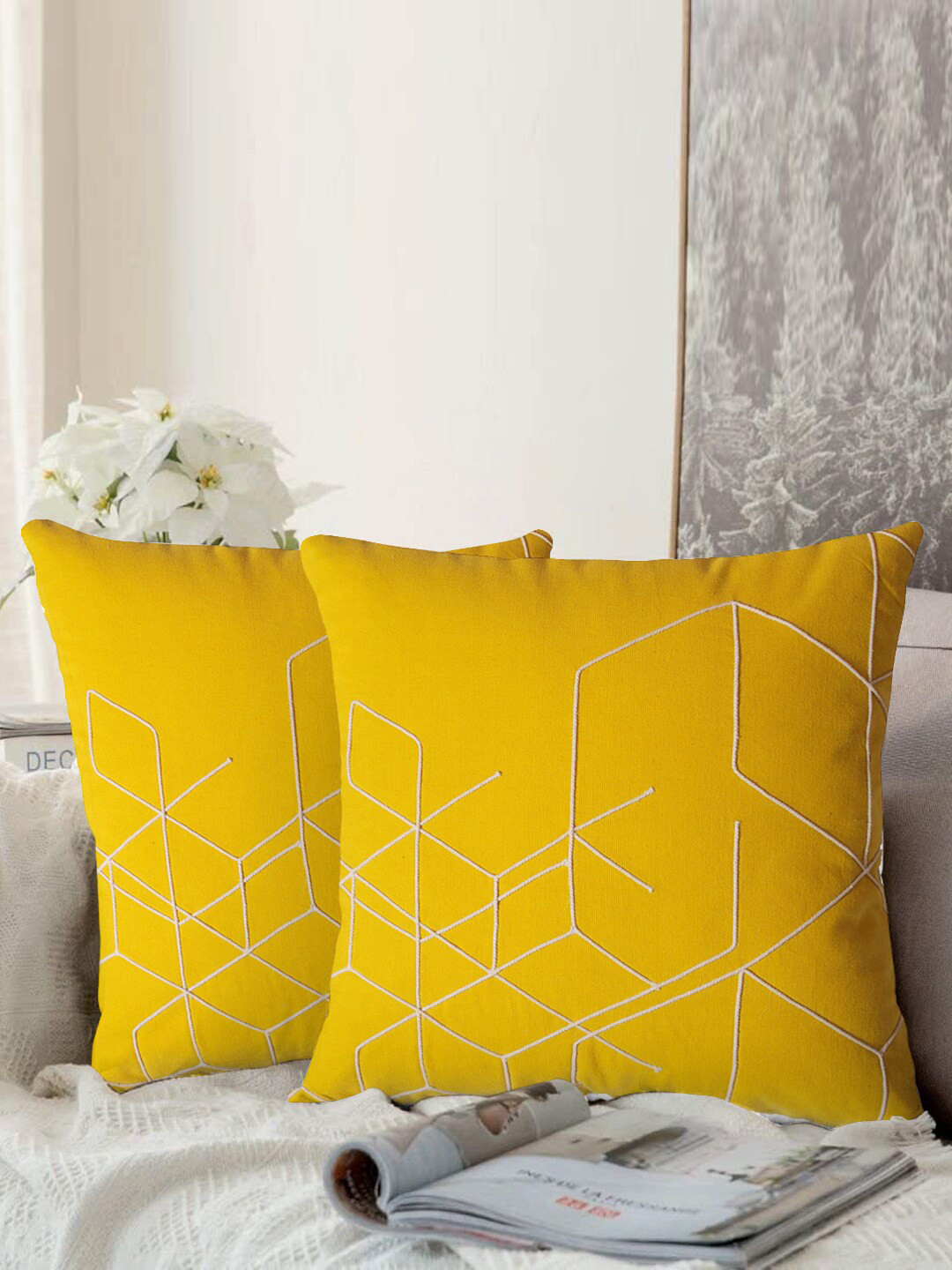 

aRDENMEAD Yellow Set of 2 Embroidered Square Cushion Covers