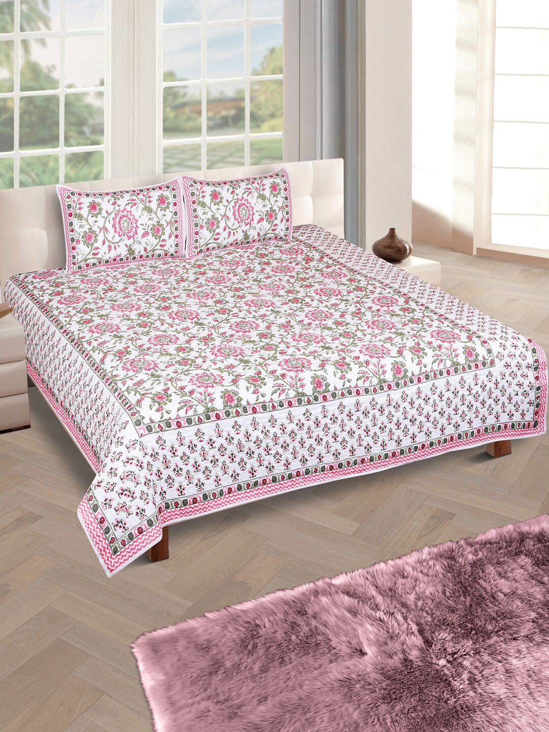 

ROMEE White & Pink Floral Print Quilted Double Bed Cover with 2 Pillow Covers