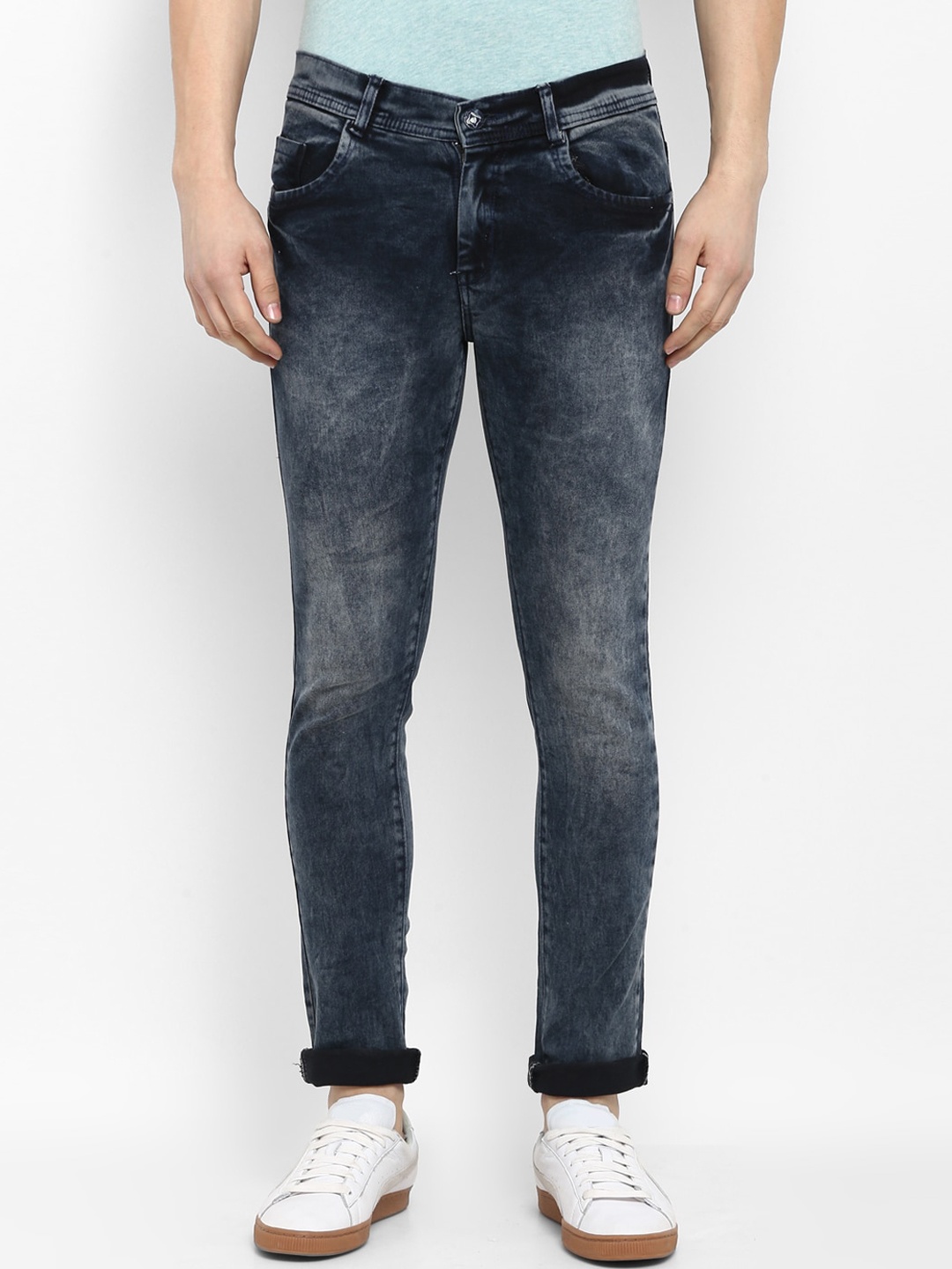 Routeen Men Grey & Blue Slim Fit Mid-Rise Clean Look Jeans