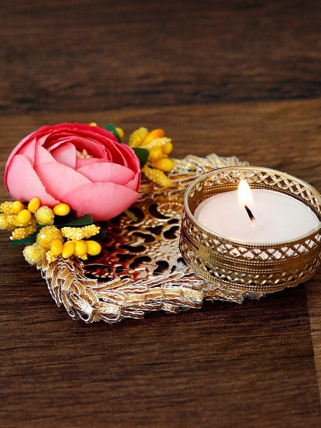 

eCraftIndia Gold-Toned and Yellow Decorative Handcrafted Floral Tea Light Holder