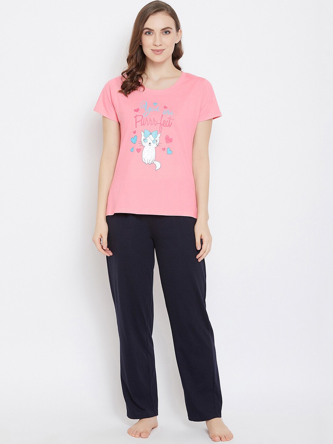 

Clovia Women Pink & Navy Blue Printed Night Suit