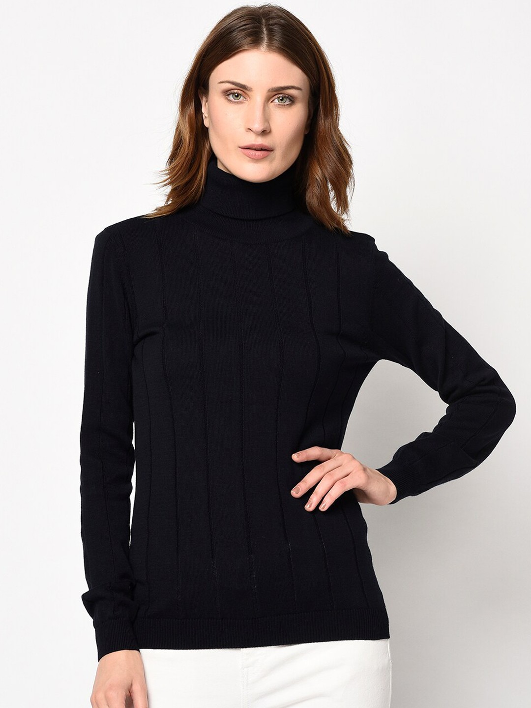 

98 Degree North Women Navy Blue Solid Pullover Sweater