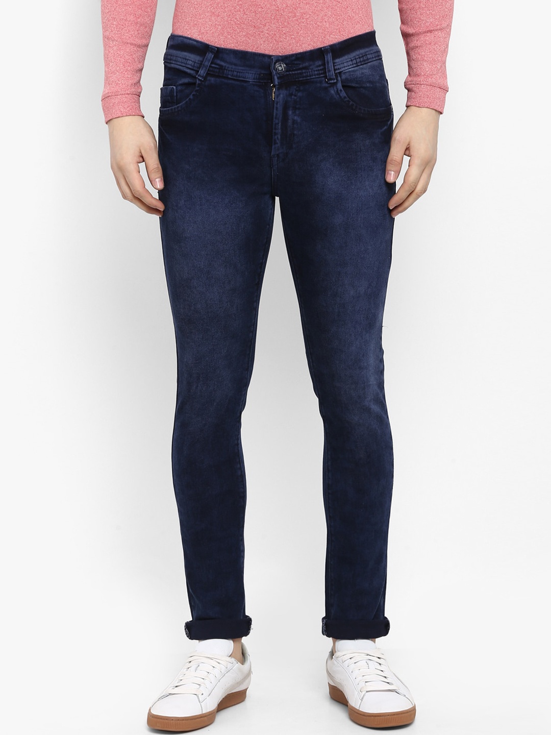 

Routeen Men Mid Rise Clean Look Slim Fit Stretchable Jeans, Blue