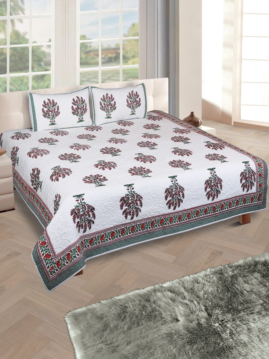 

ROMEE White & Maroon Floral Print Quilted Double Bed Cover with 2 Pillow Covers