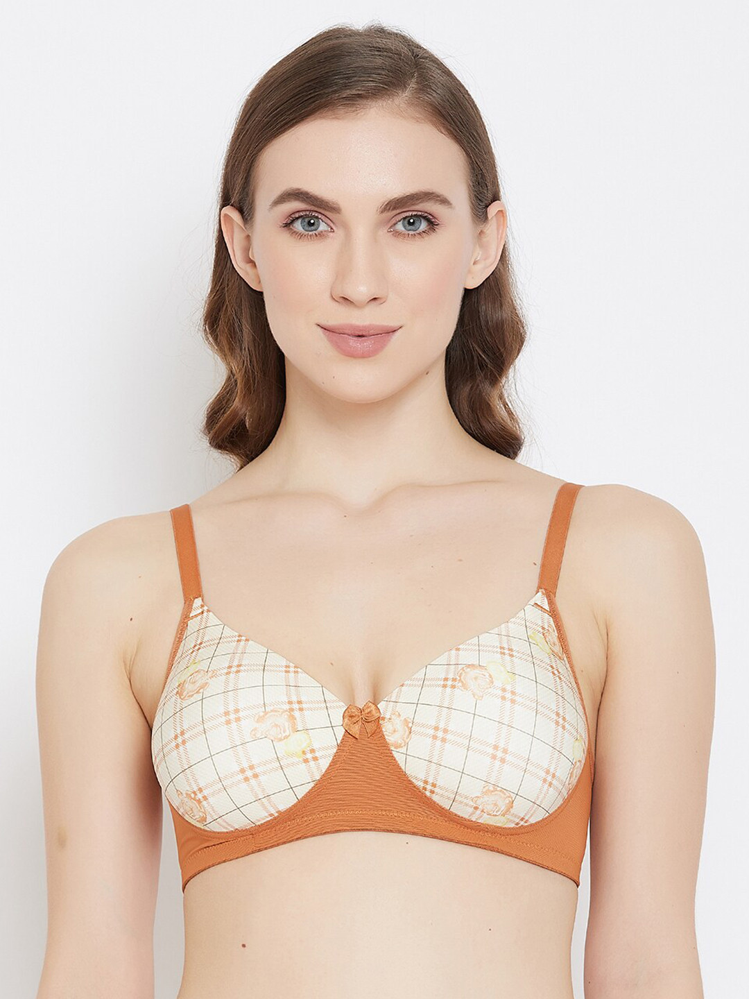 

Clovia Beige & Brown Printed Non-Wired Lightly Padded T-shirt Bra BR1866E2436E