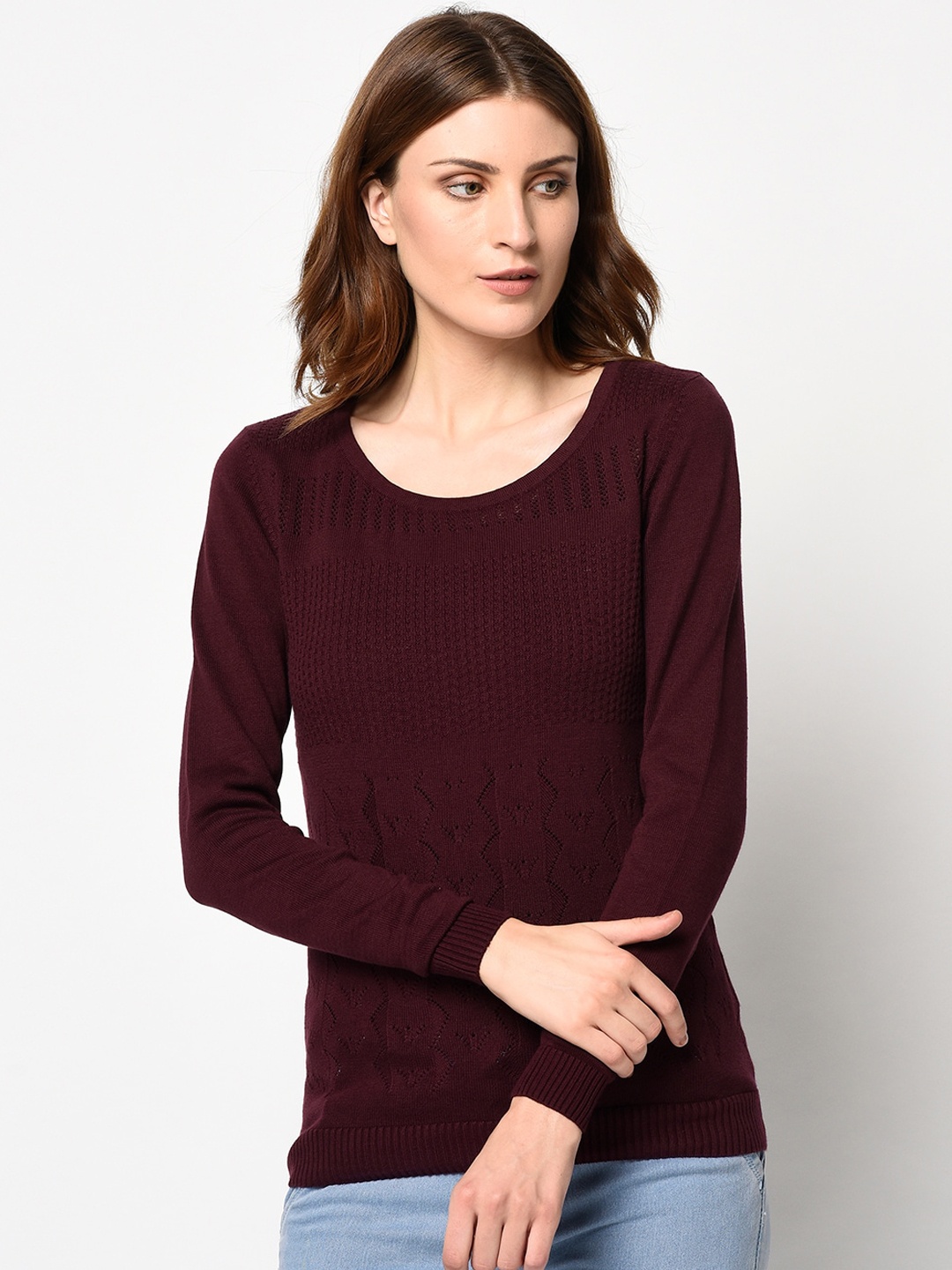 98 Degree North Women Burgundy Solid Pullover Sweater