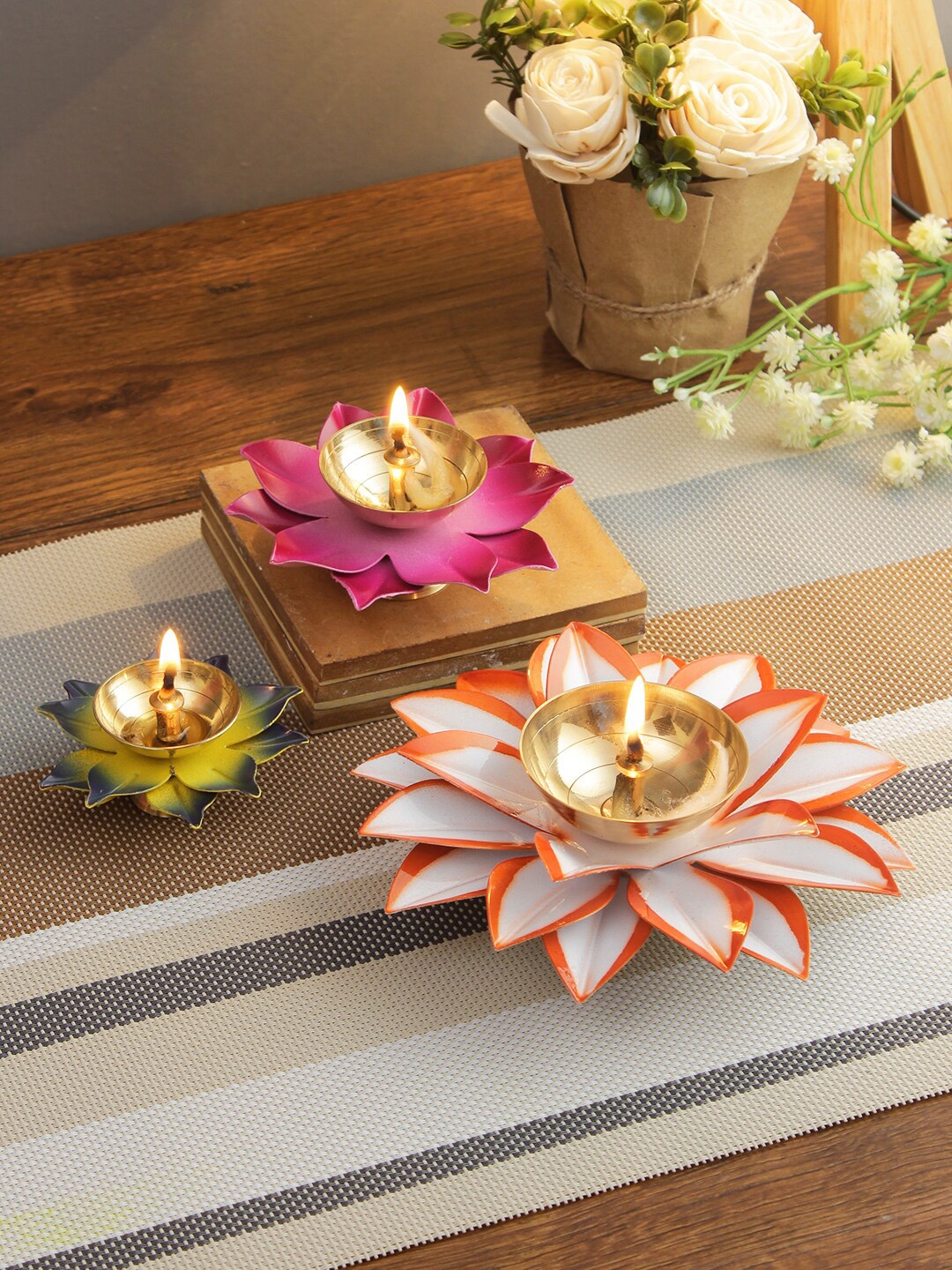 

Aapno Rajasthan Set Of 3 Colorful Lotus Metal Diyas, Pink