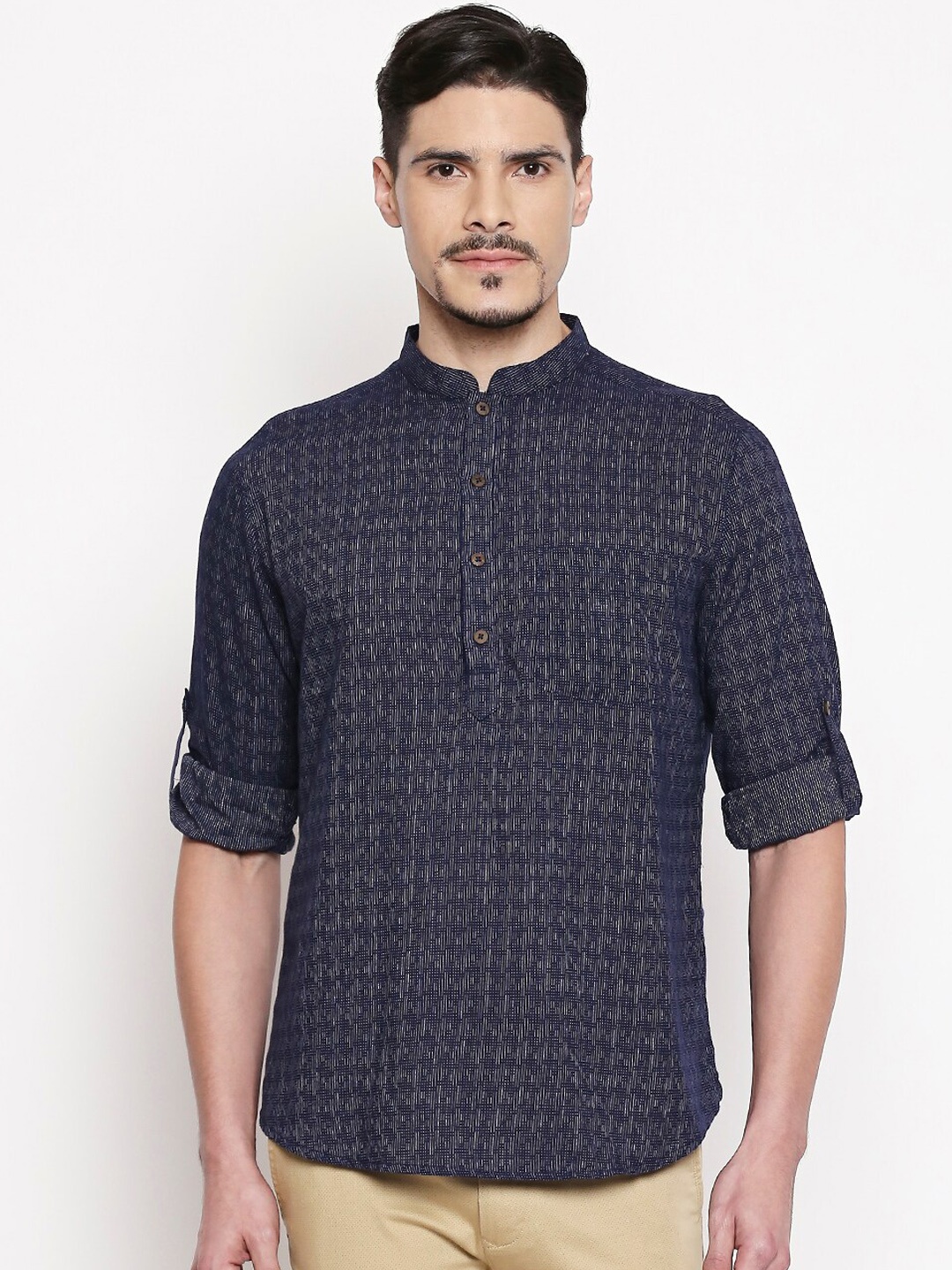 

indus route by Pantaloons Men Navy Blue Woven Design Pathani Kurta