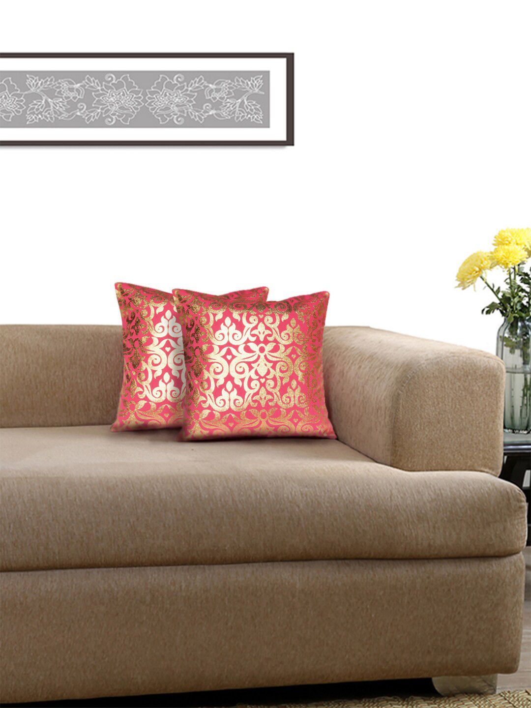 

Lushomes Pink & Gold Set of 2 Jacquard Square Cushion Covers