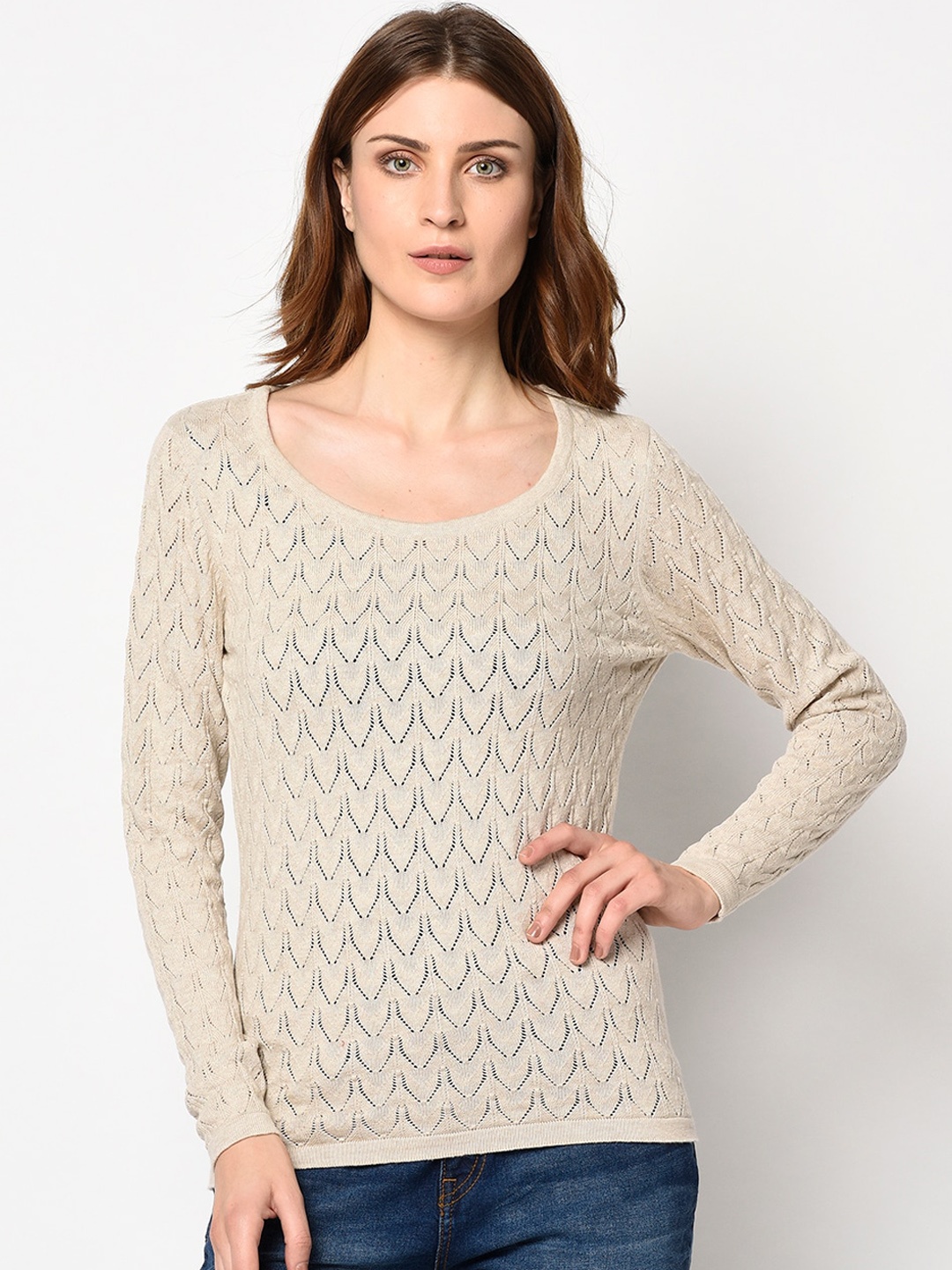 

98 Degree North Women Beige Self Design Pullover Sweater