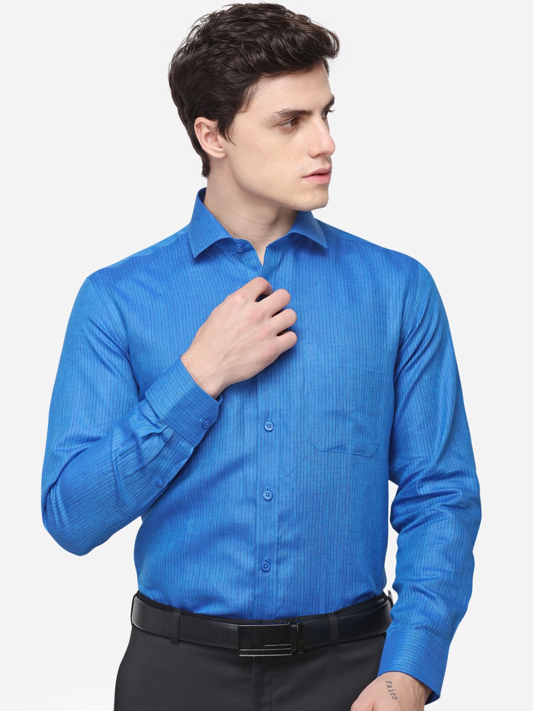 

JADE BLUE Men Blue Regular Fit Striped Linen Formal Shirt