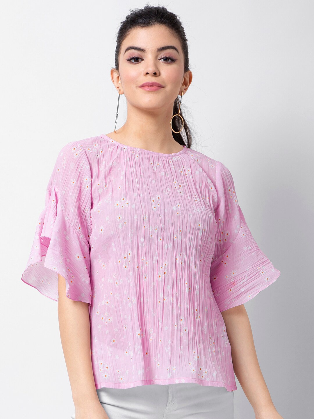 

FabAlley Women Pink & White Floral Printed A-Line Top