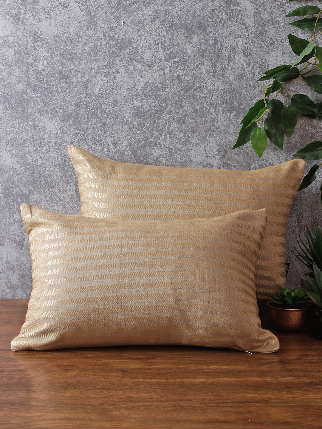 

ROMEE Beige Set of 2 Striped Rectangle Cushion Covers