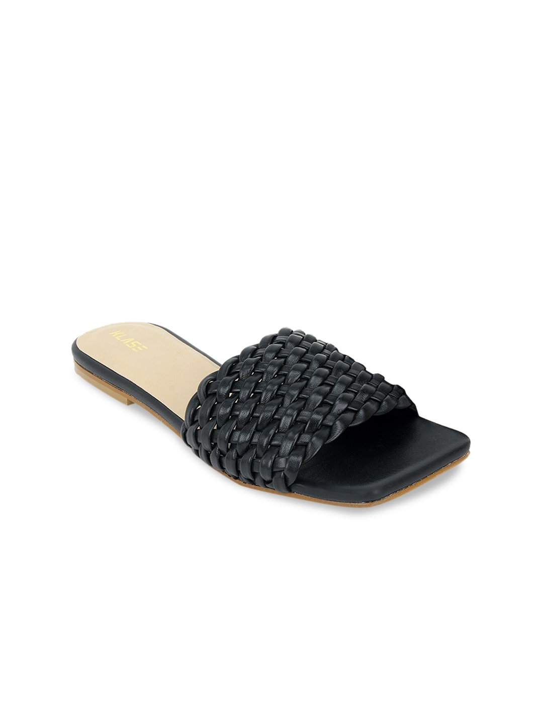 

KLASE Women Black Embellished Leather Open Toe Flats