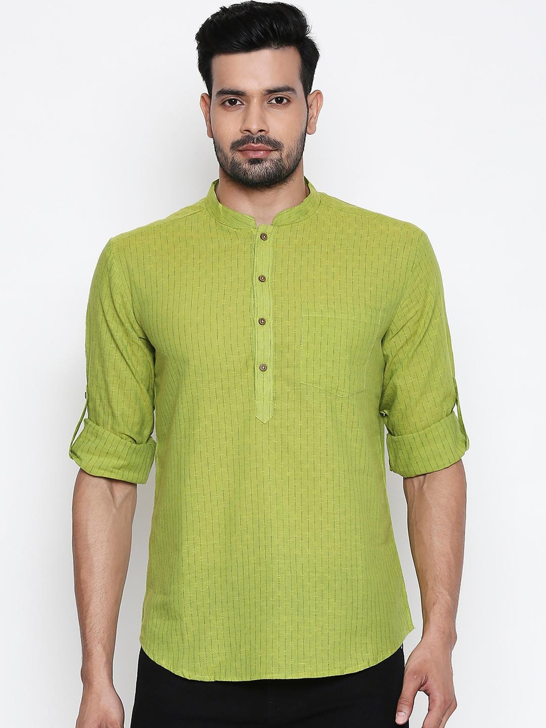 

indus route by Pantaloons Men Lime Green Striped Straight Kurta
