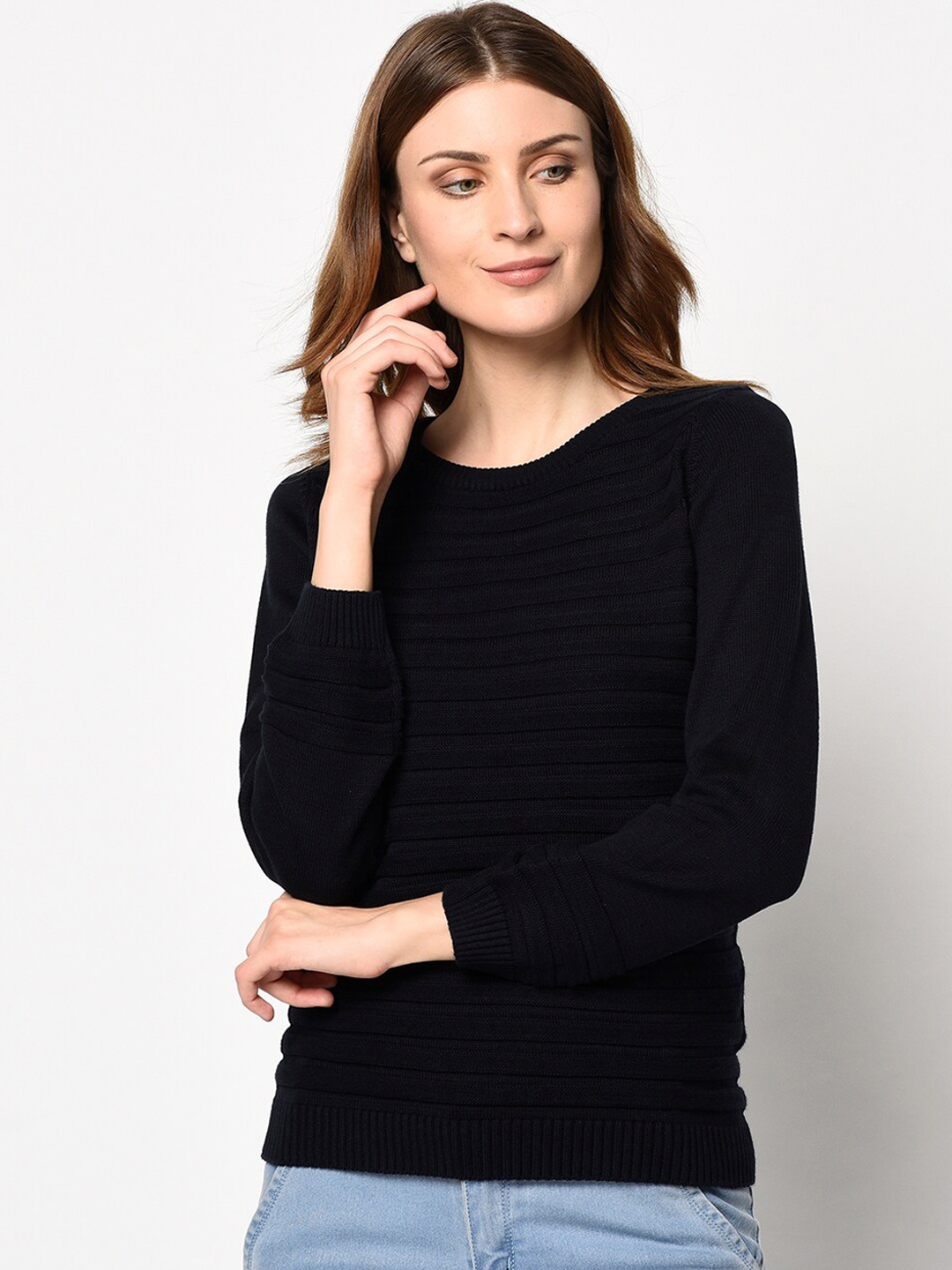 

98 Degree North Women Navy Blue Solid Pullover Sweater