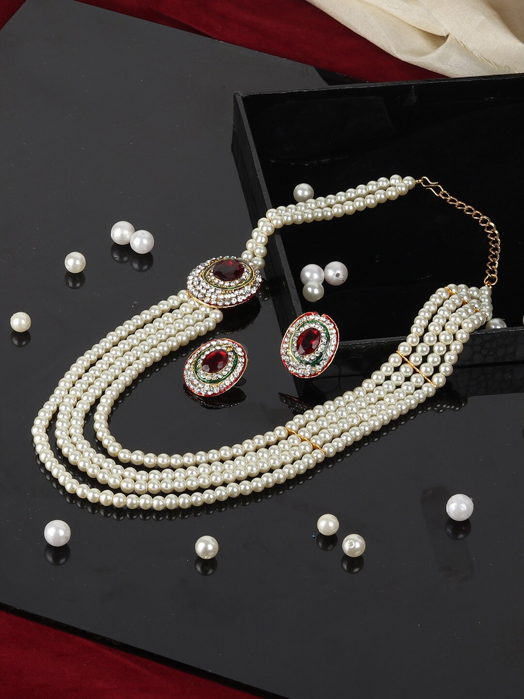 

ANIKAS CREATION Gold-Plated White & Red Handcrafted Pearl Studded Jewellery Set